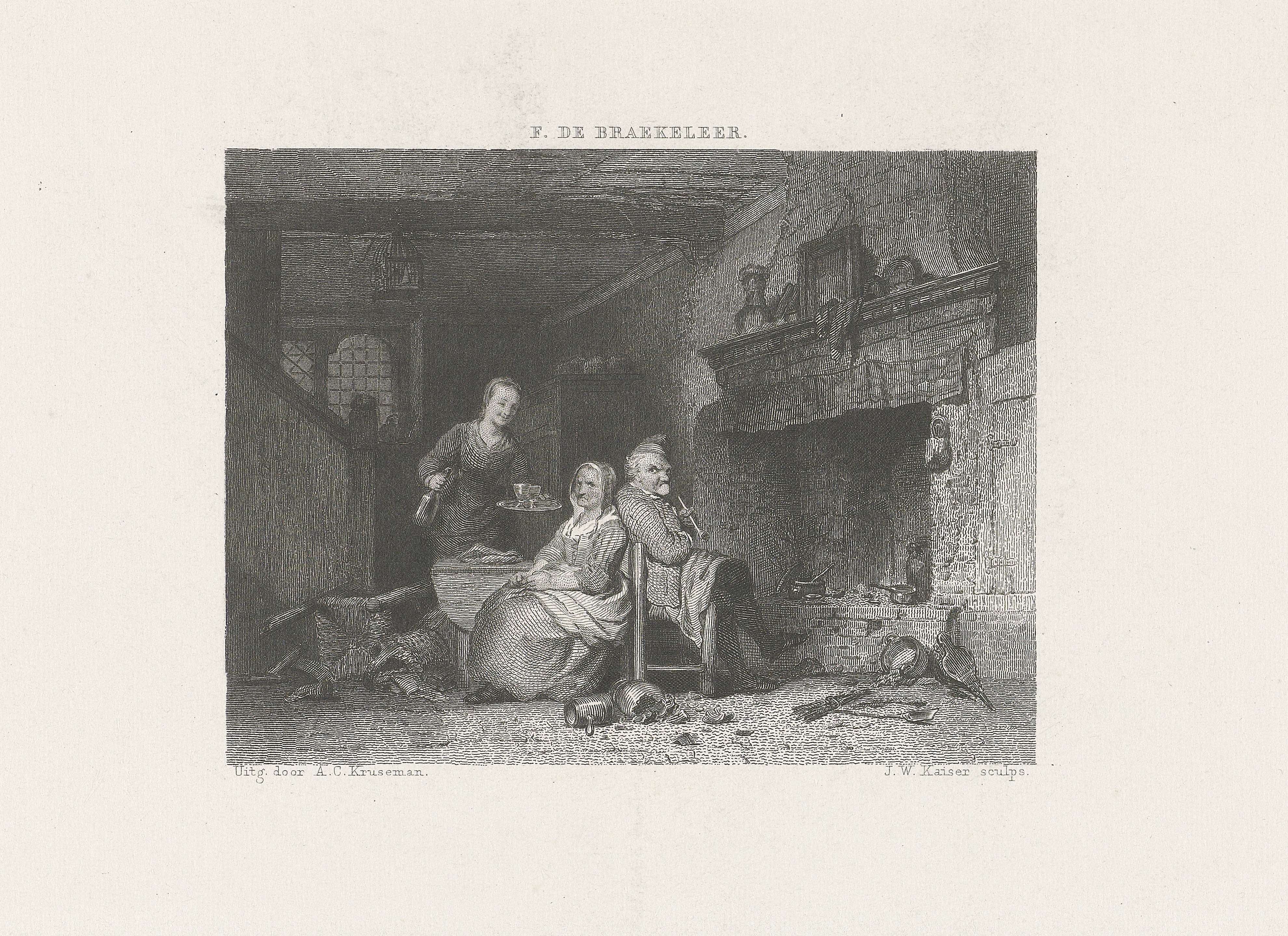 Etching by Johann Wilhelm Kaiser depicting an interior scene with three people and soft light