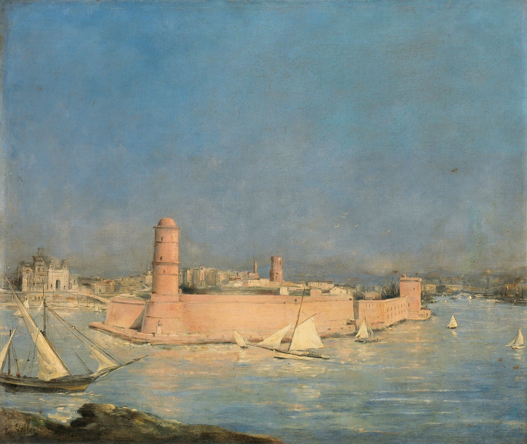 Marseilles Harbour with a Lighthouse by Antoine Vollon, oil on canvas, featuring calm water and a lighthouse at dusk.