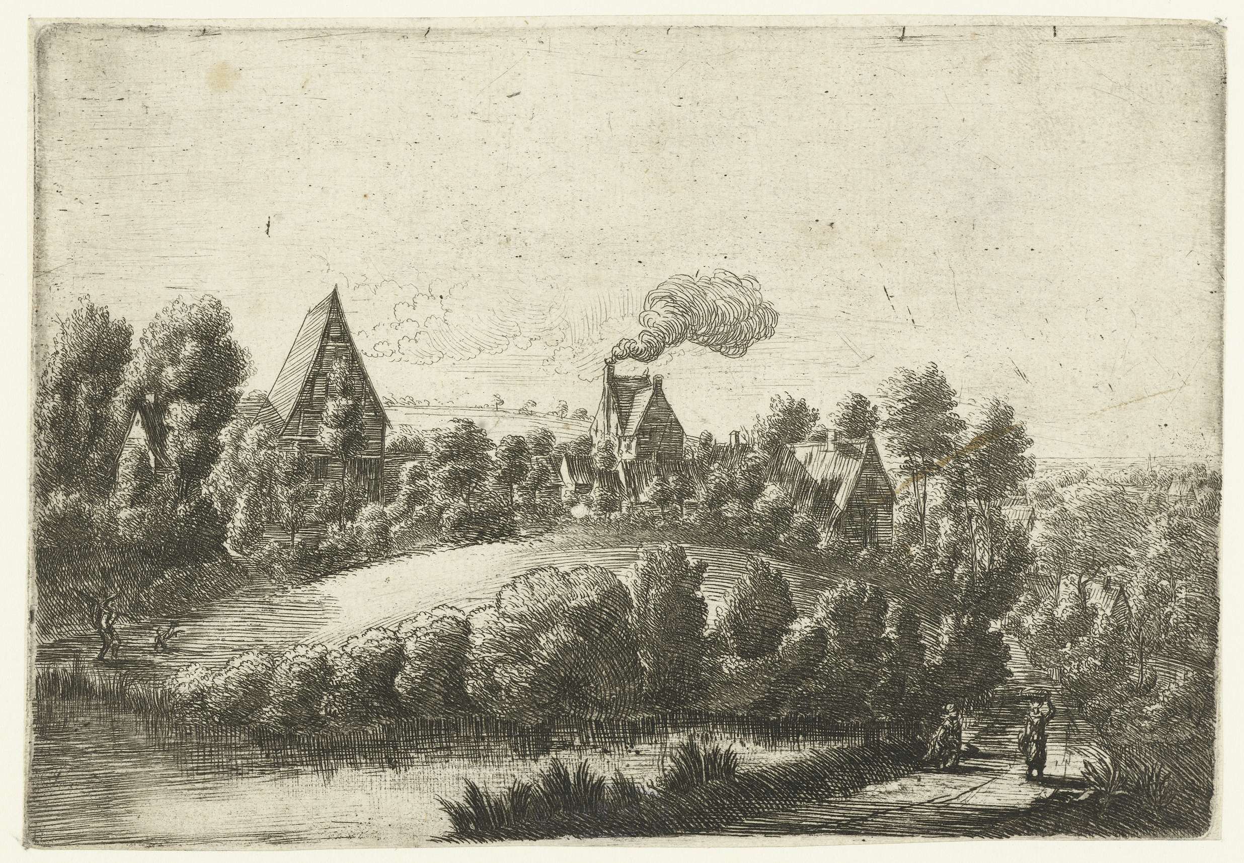Landscape etching by Jean Baptiste Bonnecroy depicting a gentle hill under a blue sky.