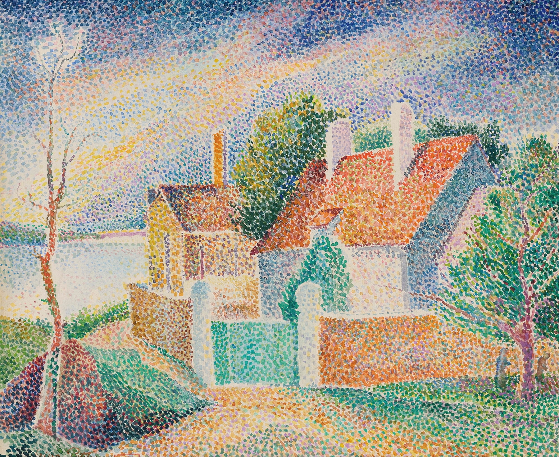 Landscape with houses by a lake, oil painting by Hippolyte Petitjean.