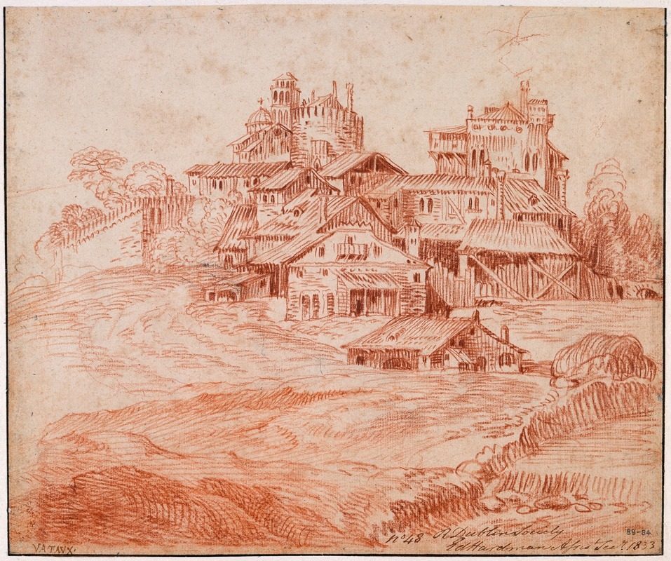 A picturesque fortified village with a castle and church by Jean-Antoine Watteau.