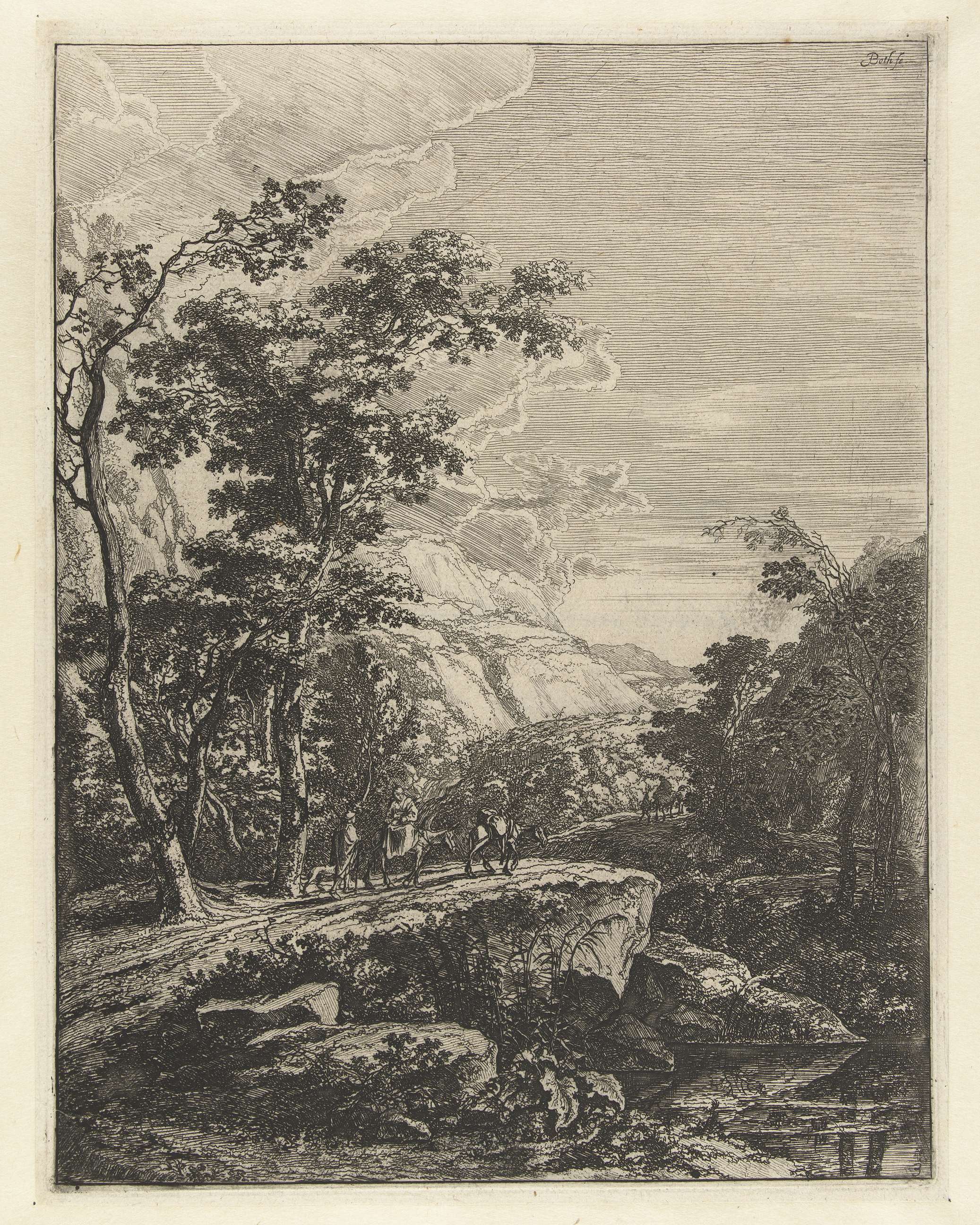 Landschap met vrouw rijdend op een muilezel, etching by Jan Both