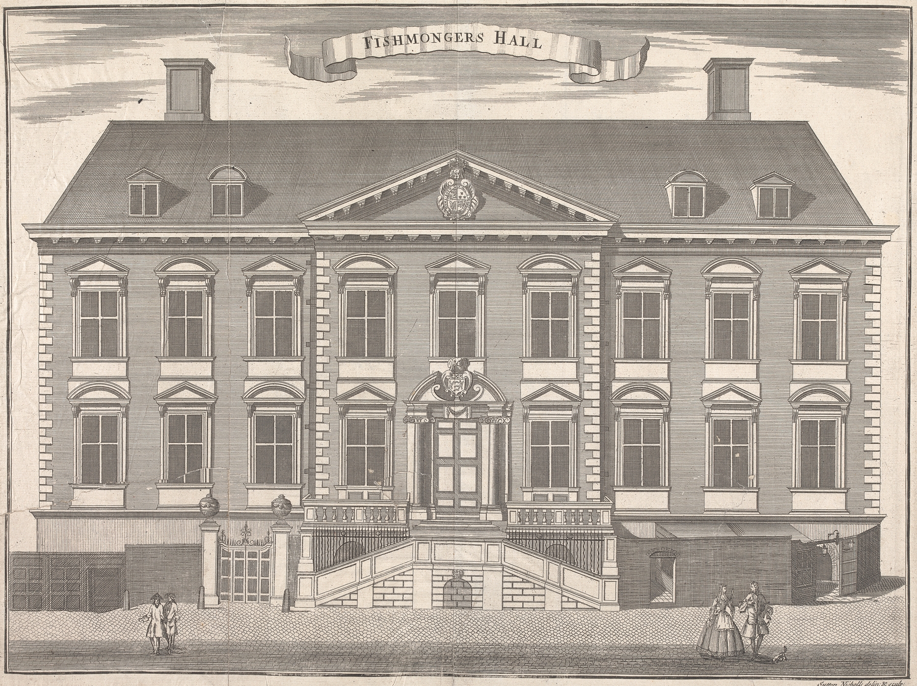 Engraving by Sutton Nicholls depicting a bustling marketplace with fishmonger's wares.