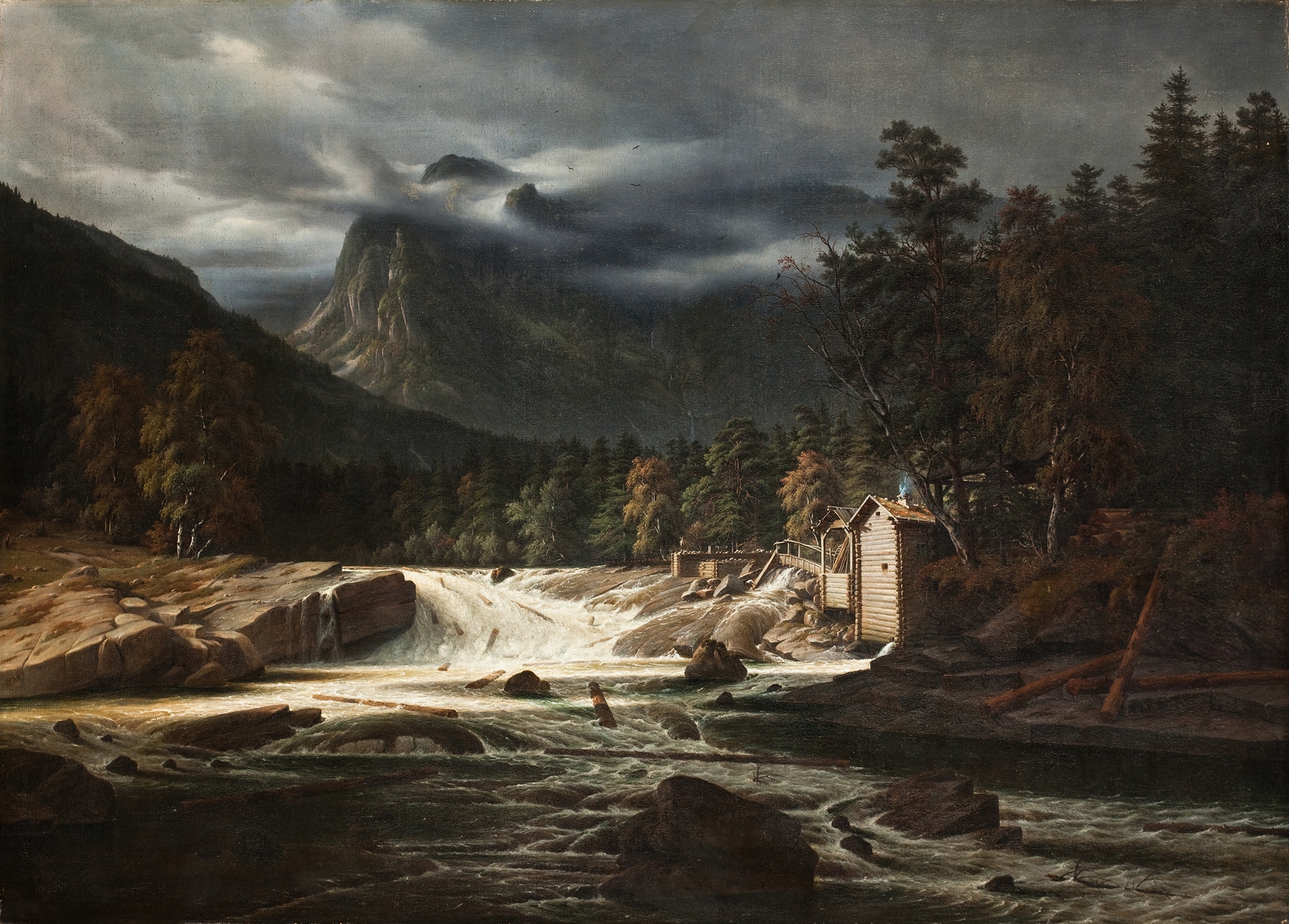 Norwegian Landscape, Marumfoss by Thomas Fearnley, oil on canvas depicting a river and mountains.