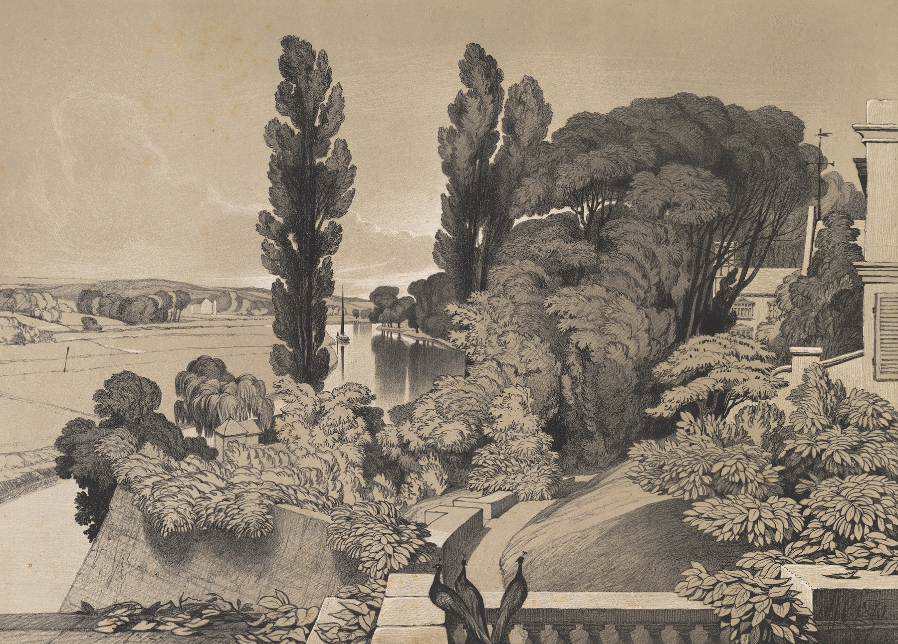Watercolour by Miles Edmund Cotman depicting a garden with flowers and a child.