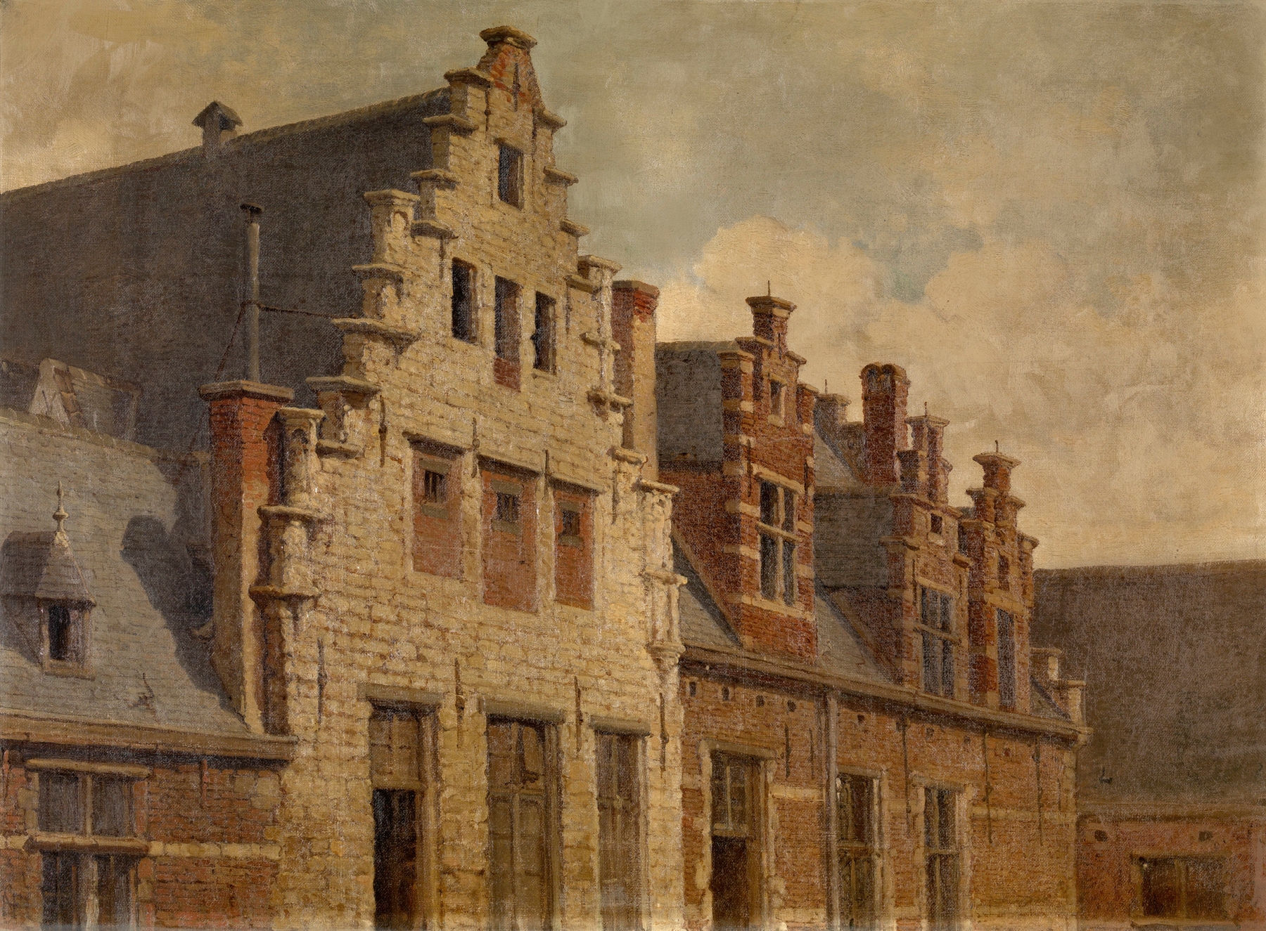 Courtyard scene with dappled sunlight on cobblestones by Henri François Schaefels