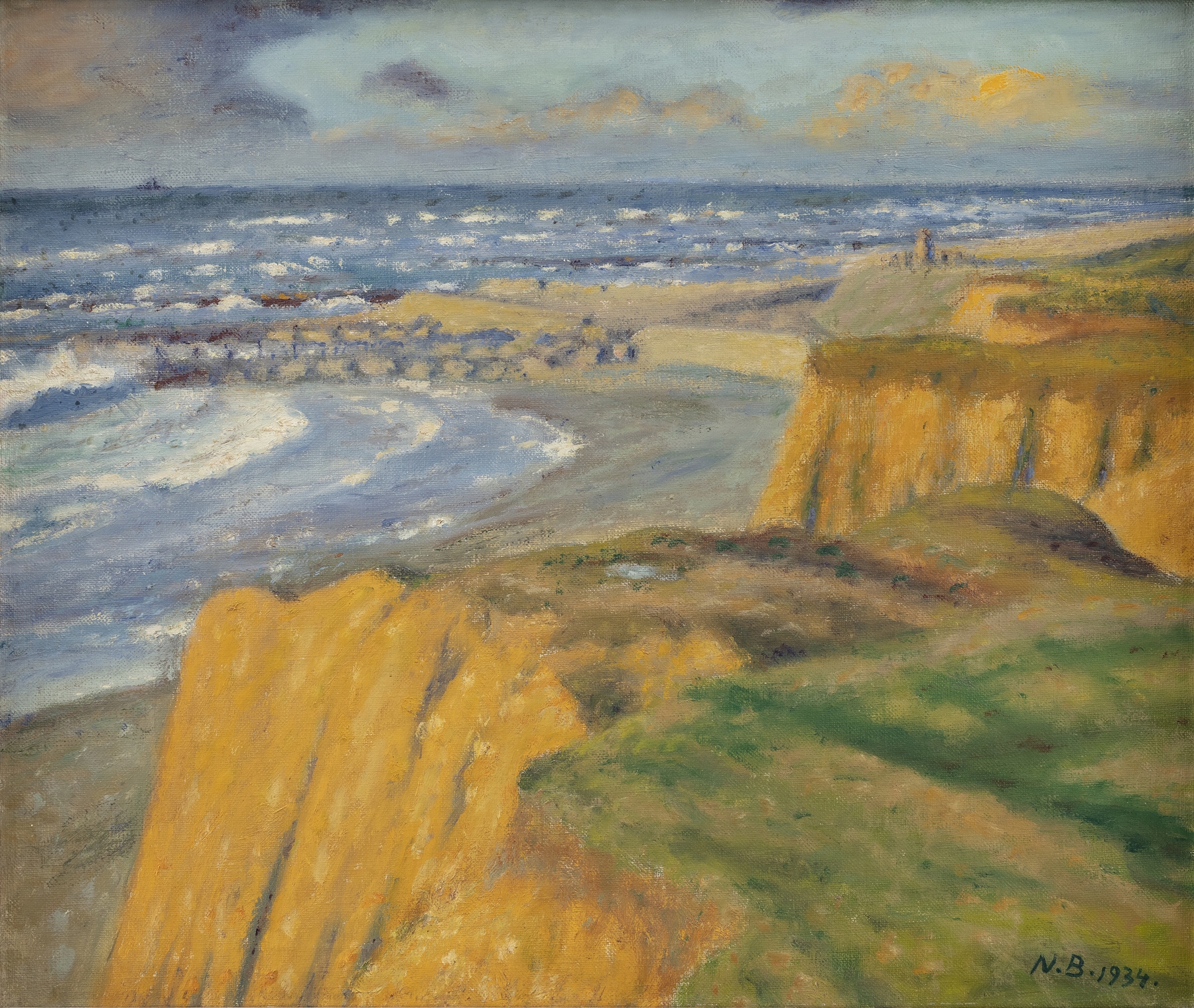 Bovbjerg at sunset. Autumn by Niels Bjerre, oil painting depicting cliffs and vibrant sunset colors.