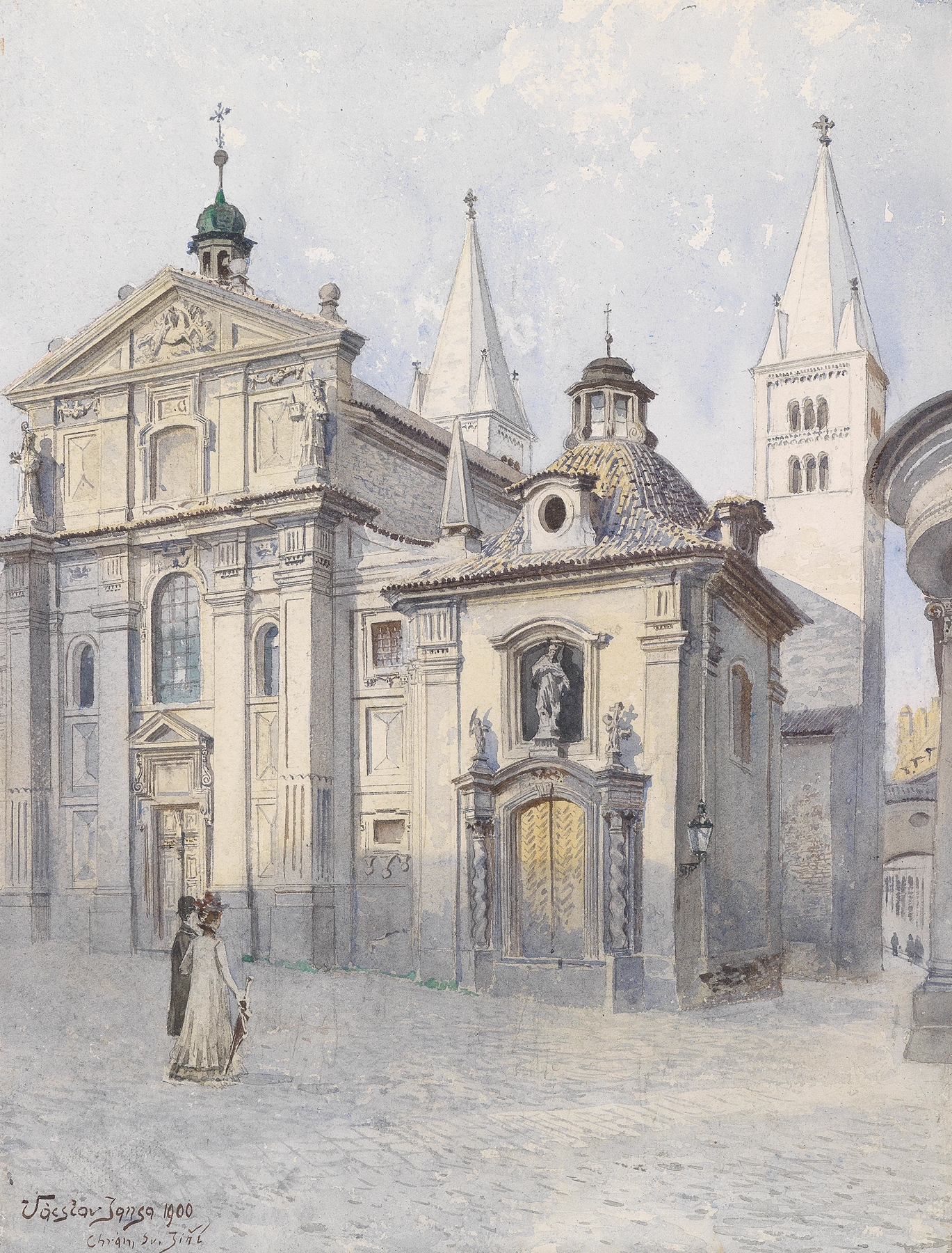 Gothic architecture of Georgsbasilika Prag by Václav Jansa, showcasing ornate facade details.