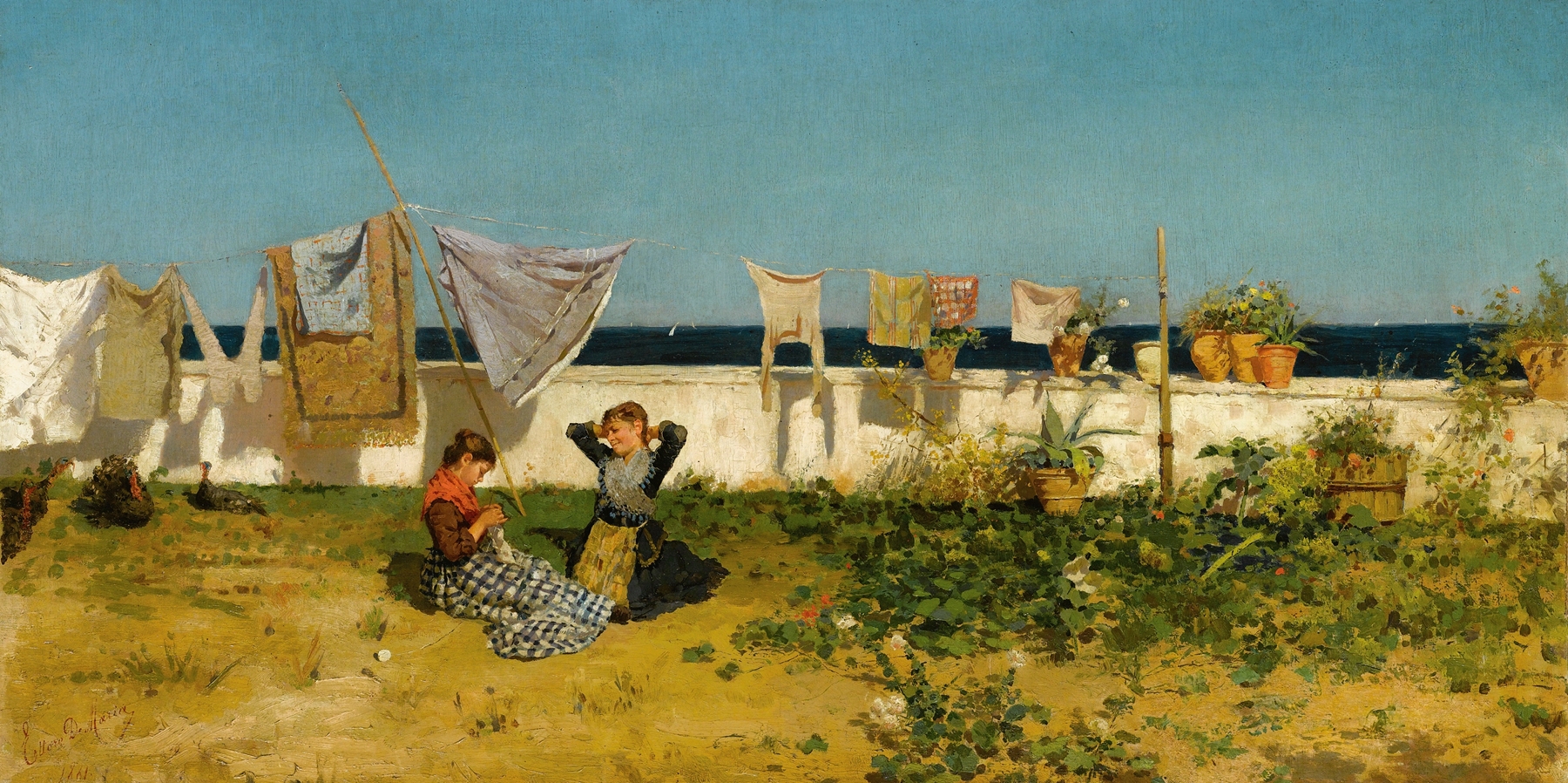 Lavandaie by Ettore De Maria Bergler, oil on canvas depicting women by water.