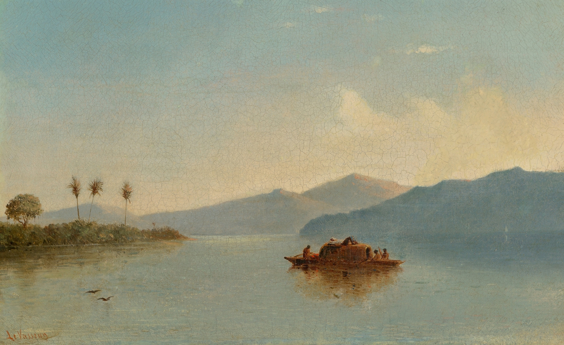 Lake Nicaragua by Judah Levasseur, oil on canvas, depicting a tranquil lake with reflections.