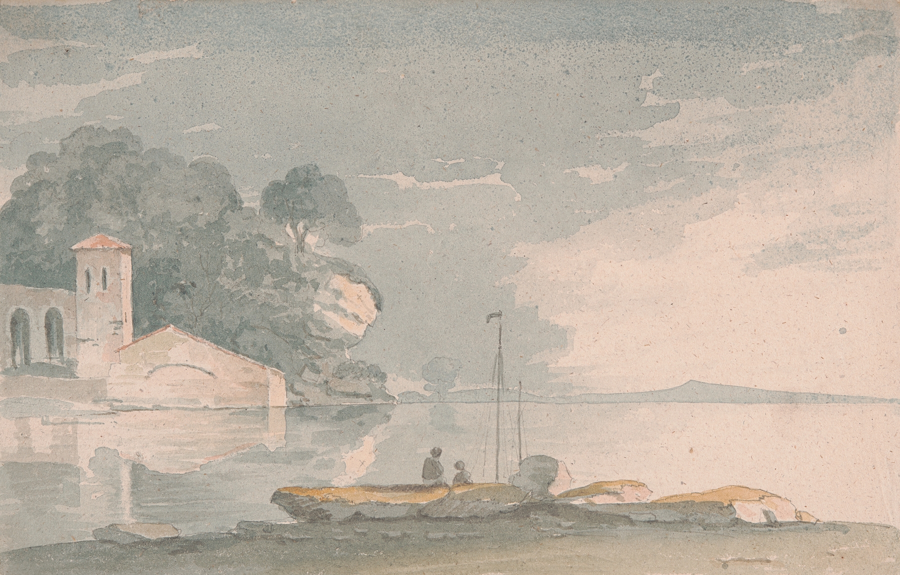 Lakeside scene with a boat and figures, oil painting by John Baverstock Knight