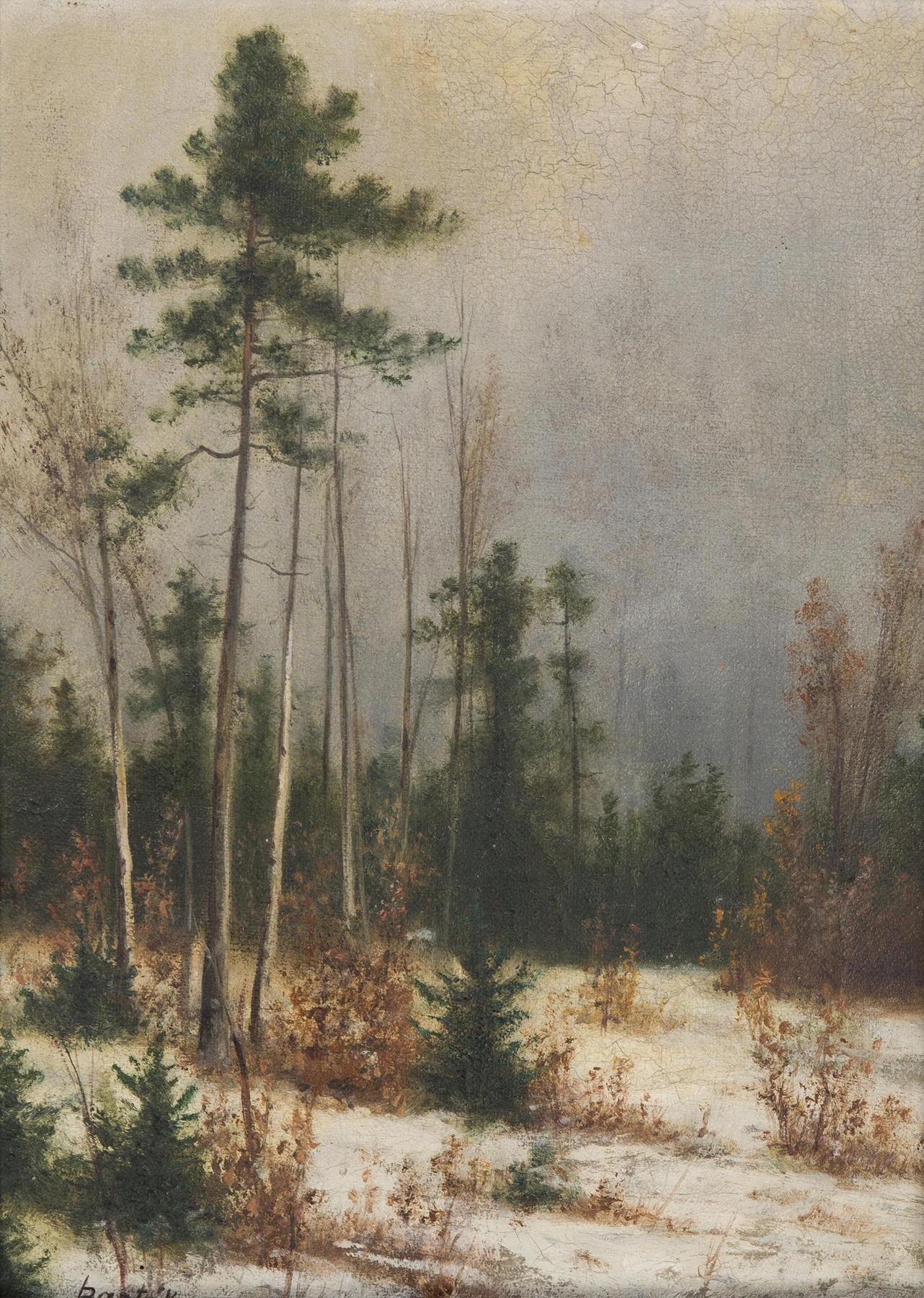 Winter forest scene by Ludvík Barták, oil painting depicting snow-covered trees and a tranquil atmosphere.