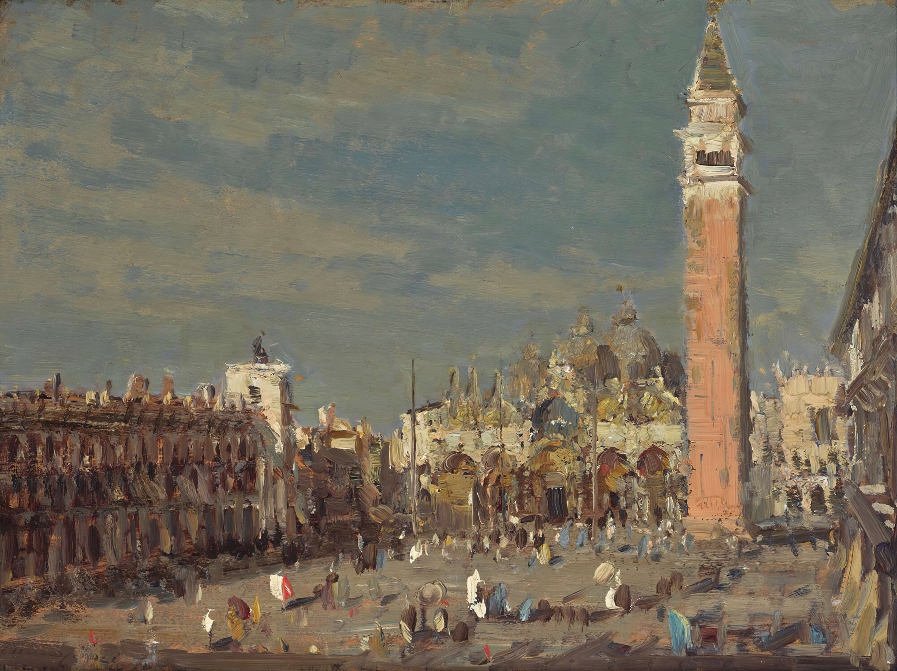 Impressionism oil painting by Emma Ciardi depicting Saint Mark’s Square with evening light.