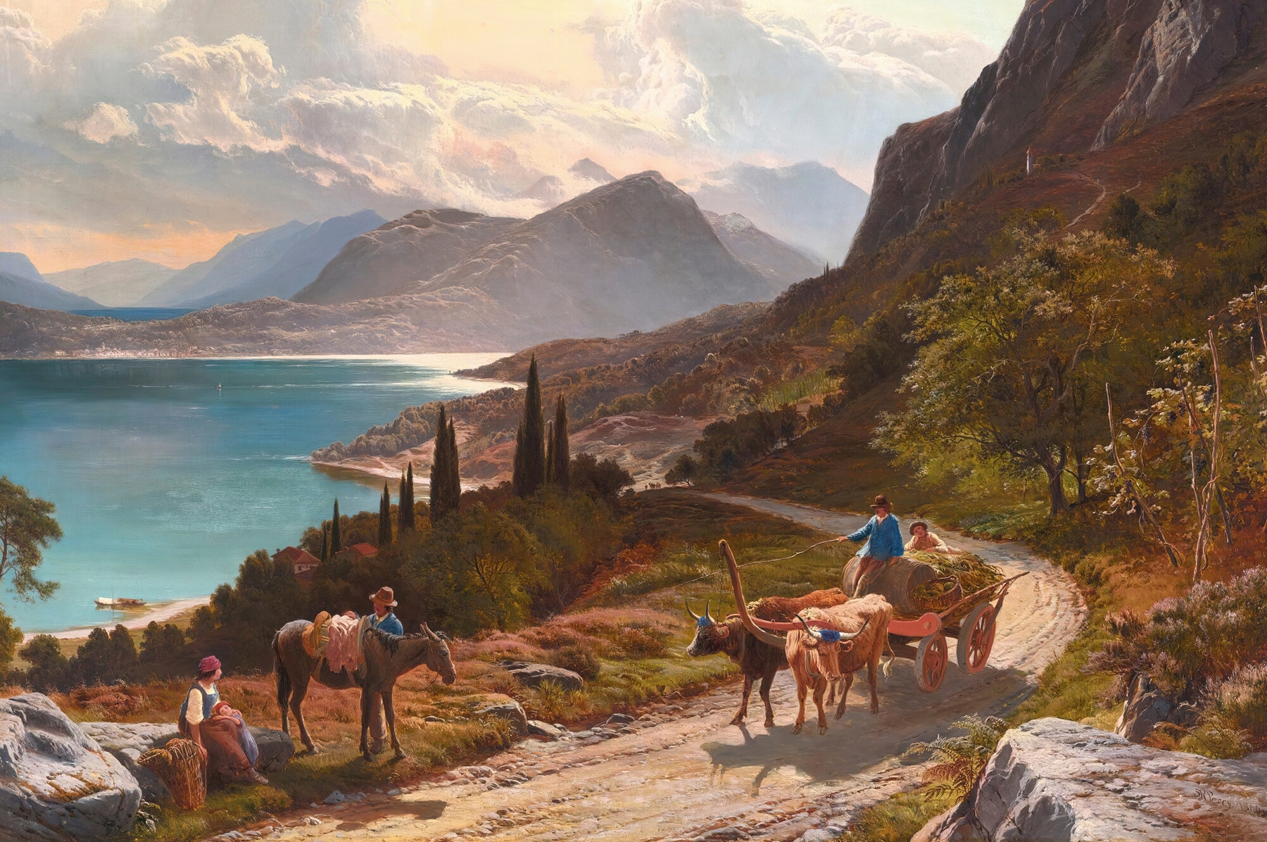 Lake landscape with sunlight and shoreline, oil on canvas by Sidney Richard Percy