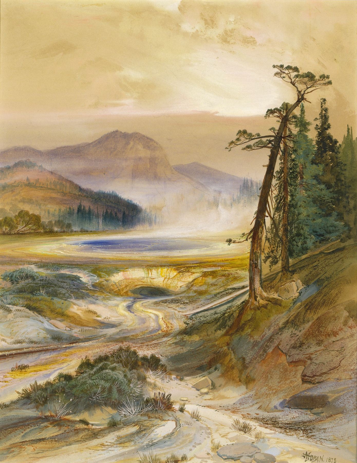 Excelsior Geyser eruption, oil painting by Thomas Moran