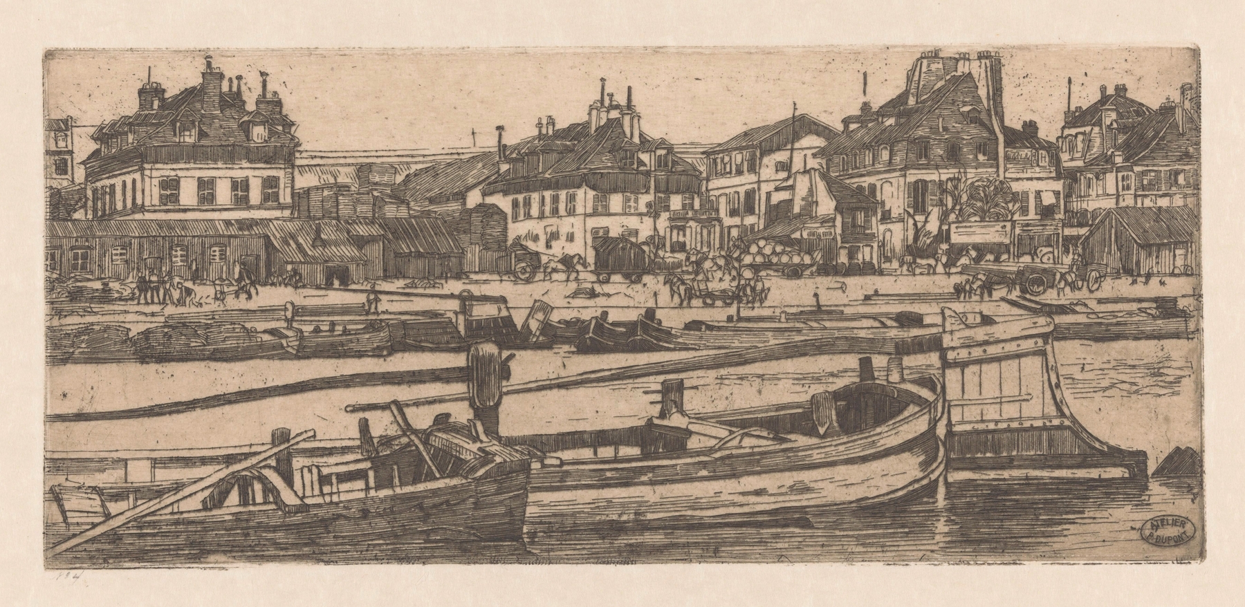 Seine river landscape with boats, oil painting by Pieter Dupont