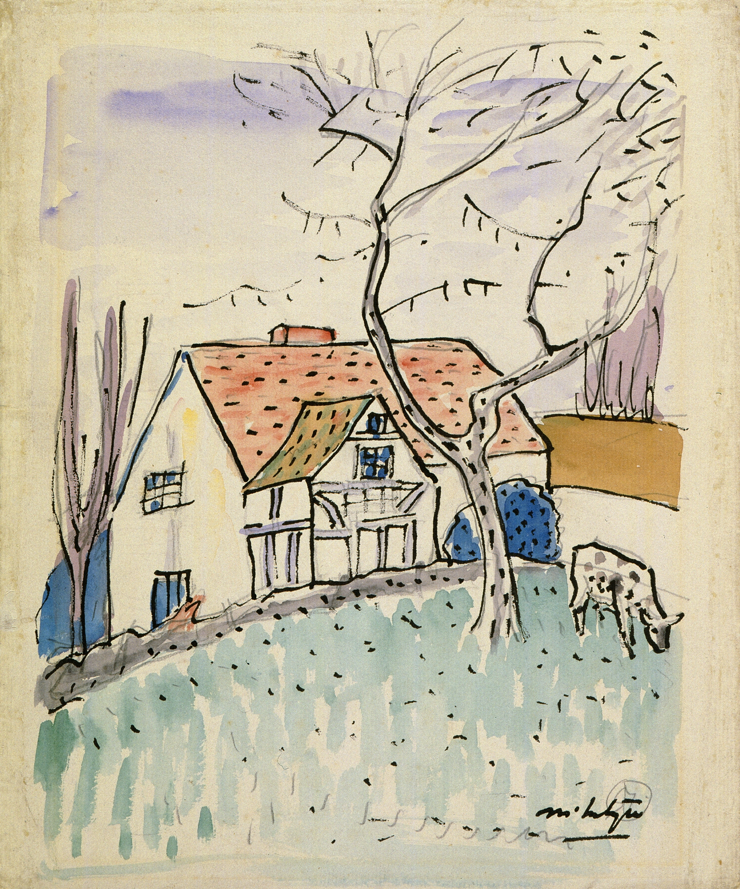 Cottage and calf, oil on canvas by Raymond McIntyre, featuring a tranquil landscape with a calf.