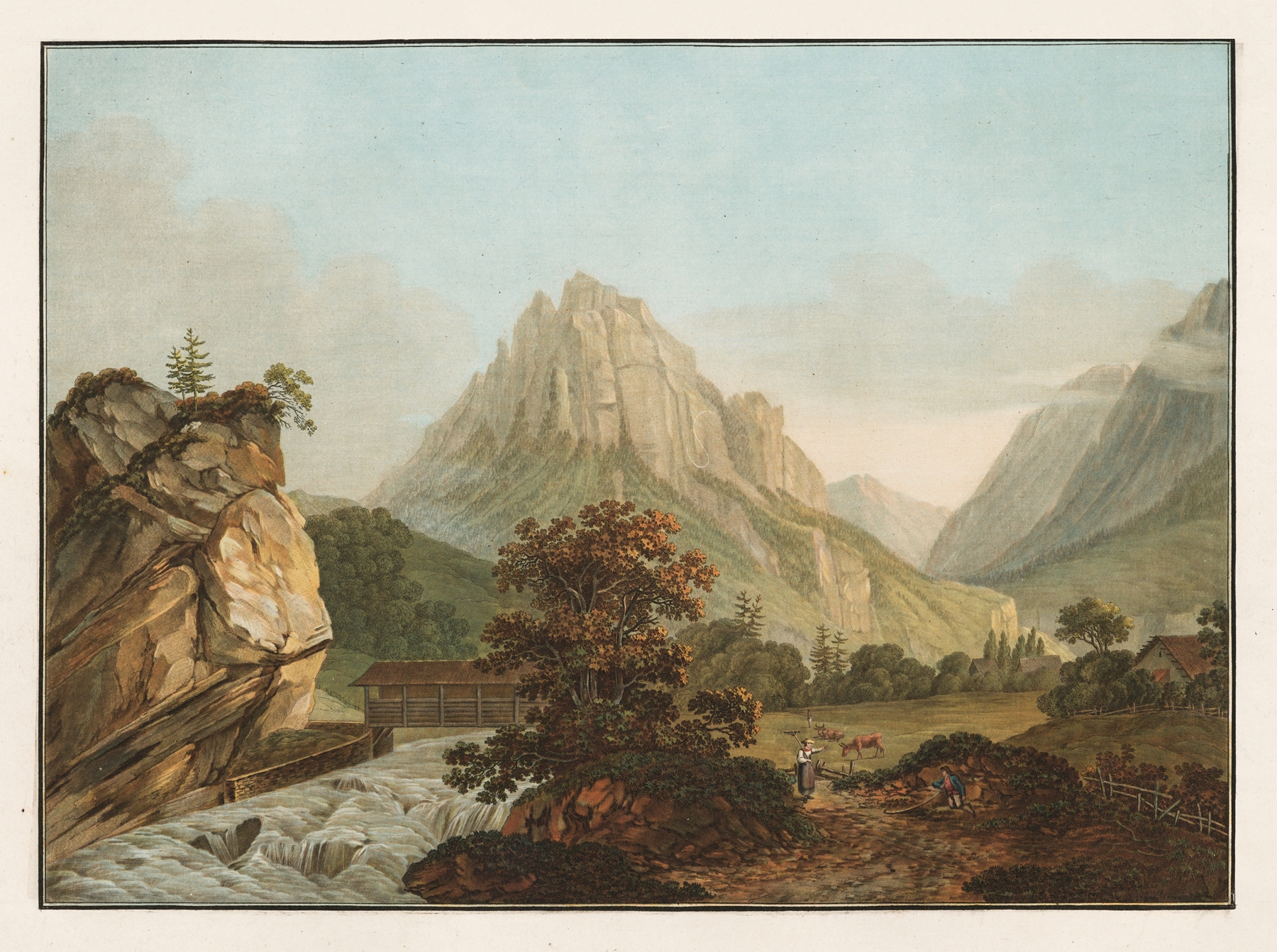 Oil painting by Friedrich Rosenberg depicting a green valley with golden light.