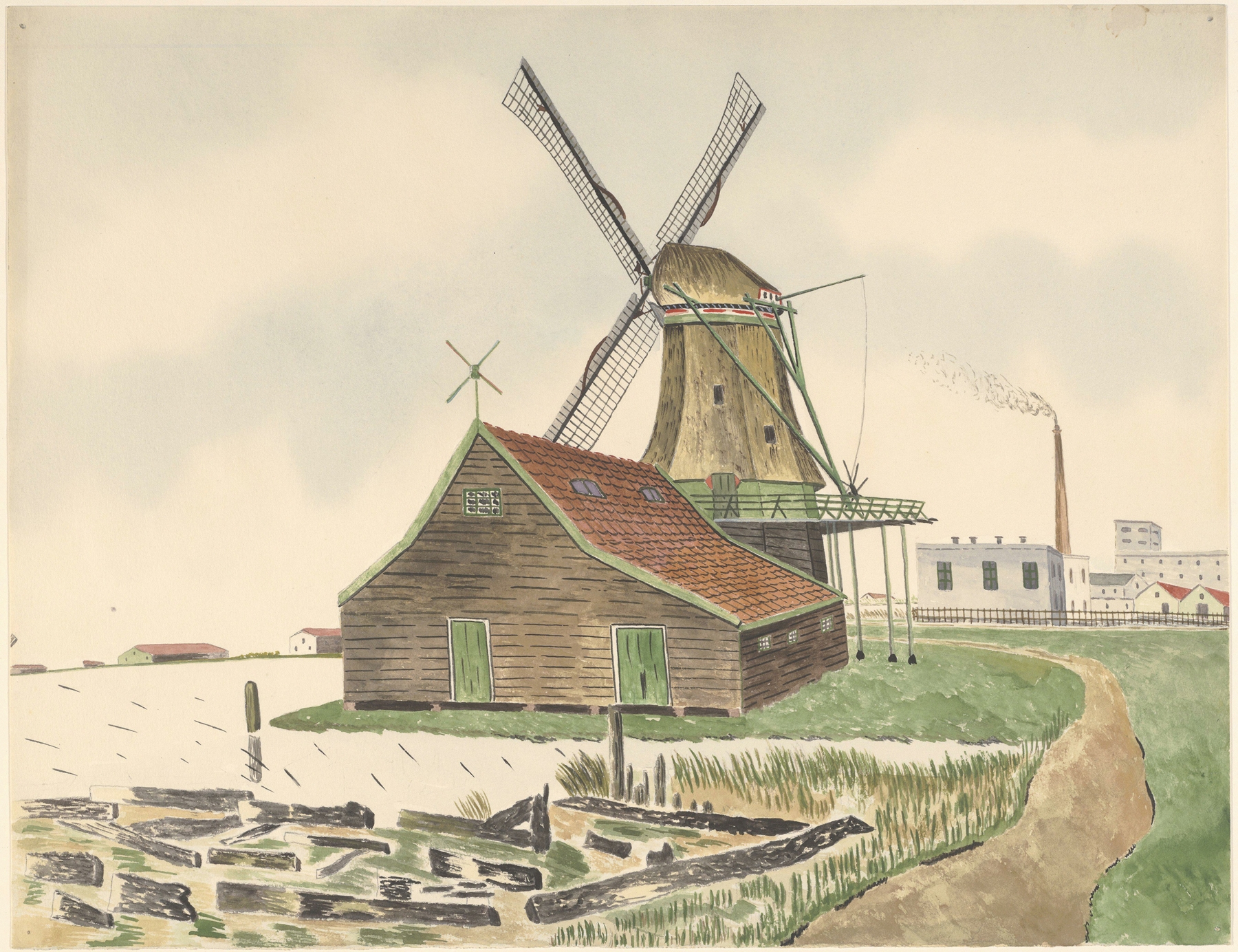 Landscape with oil mill and factory, oil painting by Johannes Nicolaas Eijman