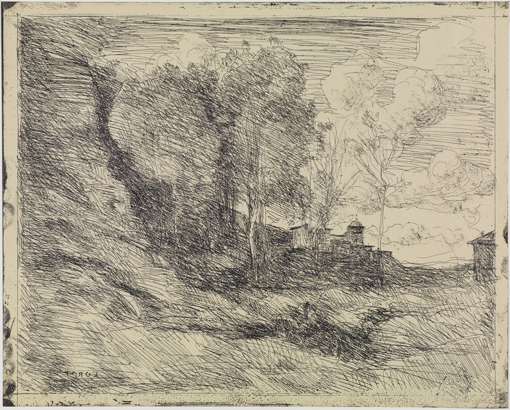 A serene landscape painting by Corot depicting the ruins of Ostia.