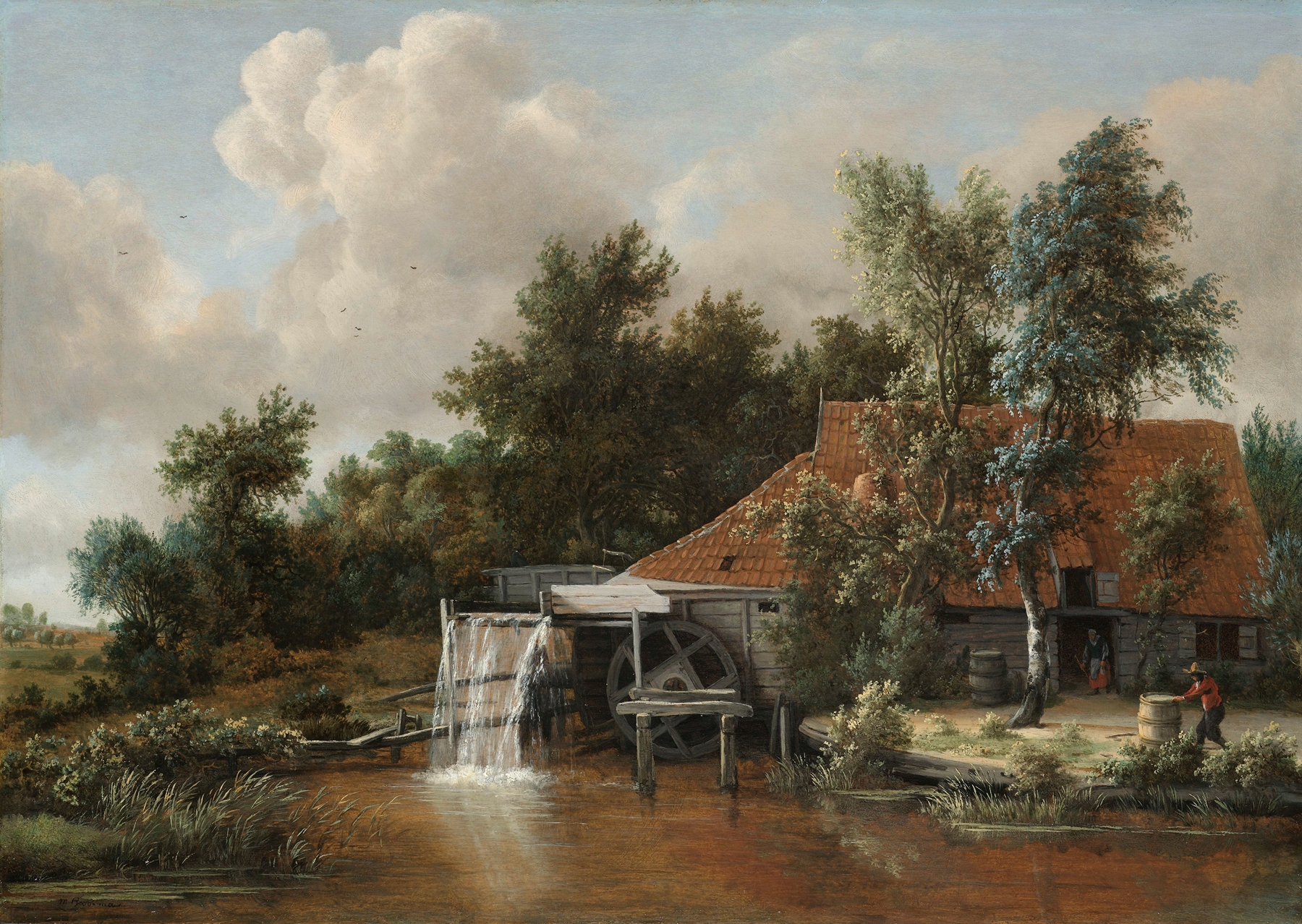 A Watermill, by Meindert Hobbema, public domain