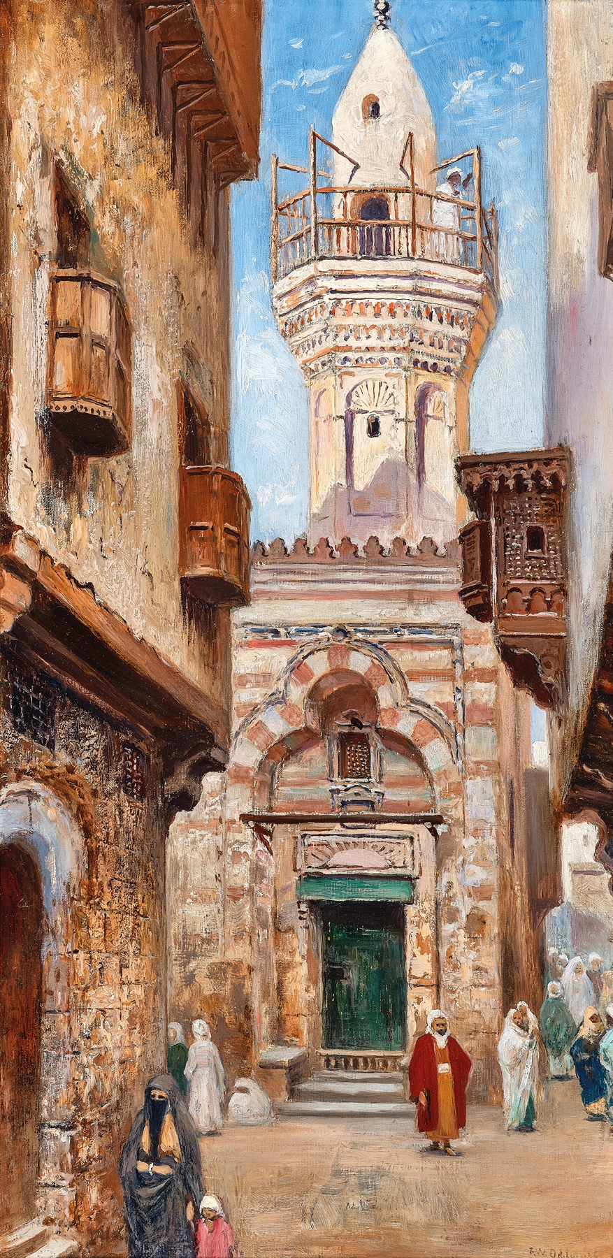 Genre scene oil painting by Frans Wilhelm Odelmark depicting a bustling bazaar in Cairo.