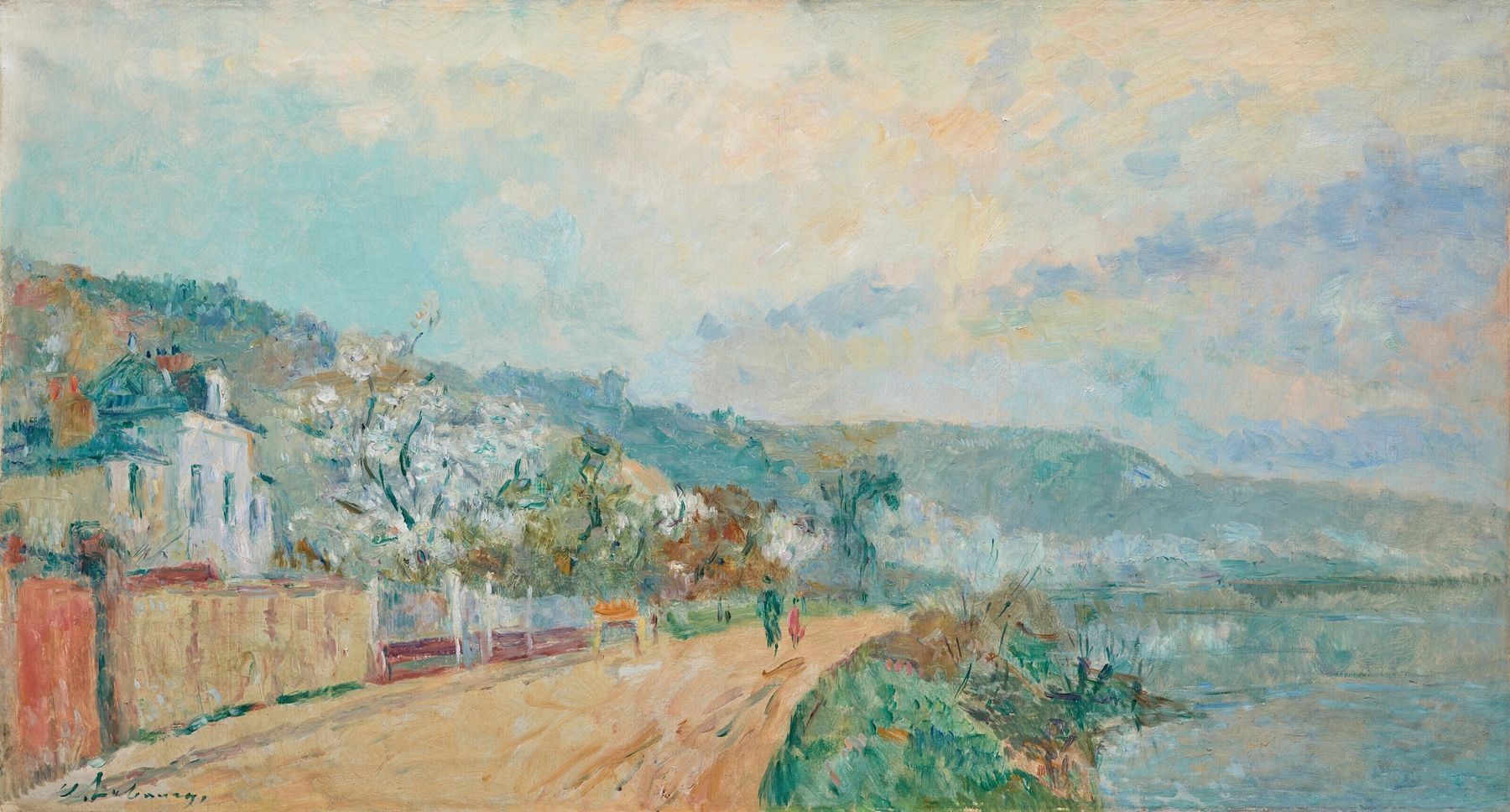 Oil painting by Albert Lebourg depicting blossoming trees under a blue sky.