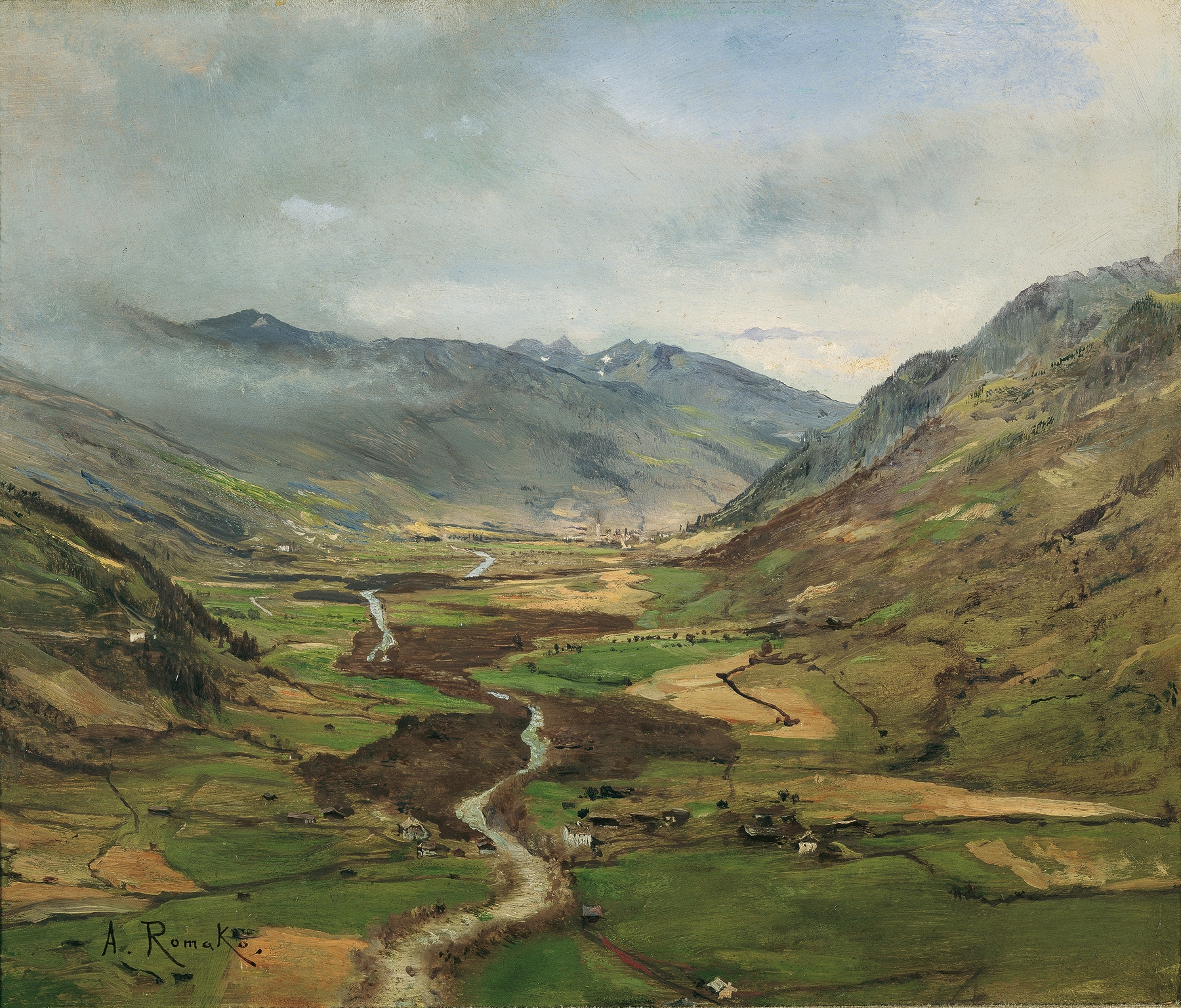 Landscape with mountains and a valley, oil painting by Anton Romako