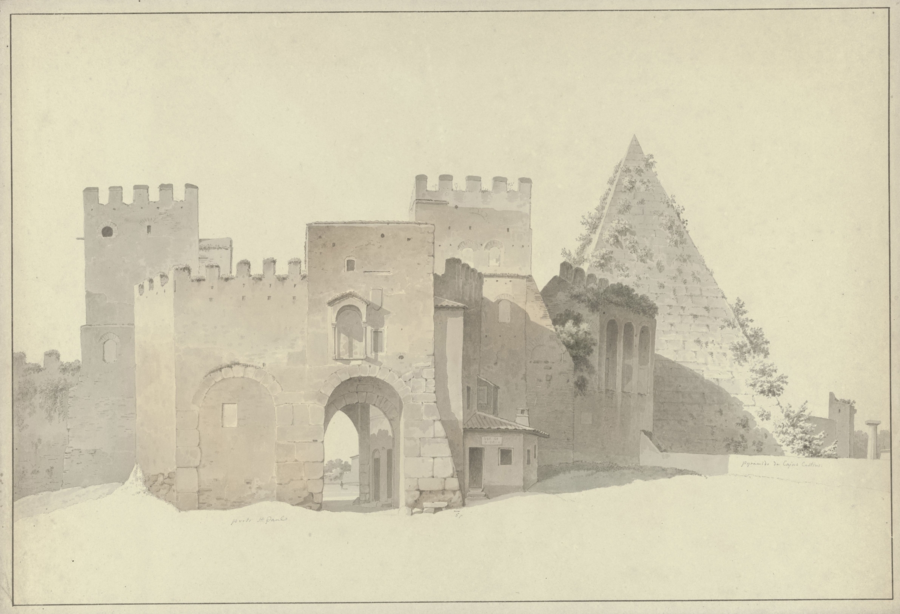 The Porta San Paolo and the Pyramid of Cestius in Rome, by Josephus Augustus Knip, public domain