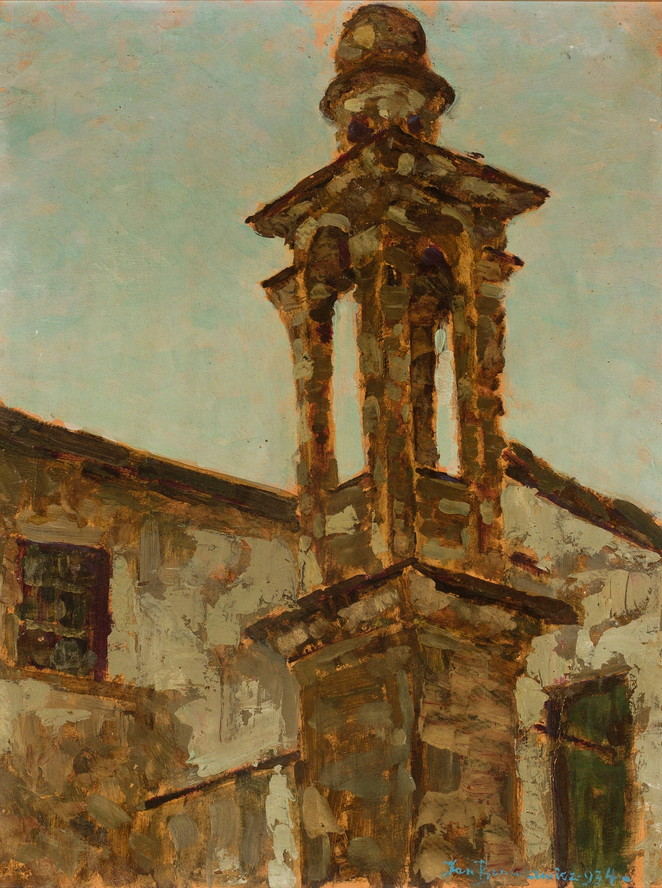 Old Bell-Tower by Jan Bohuszewicz, oil on canvas depicting a historic bell-tower illuminated by warm light.