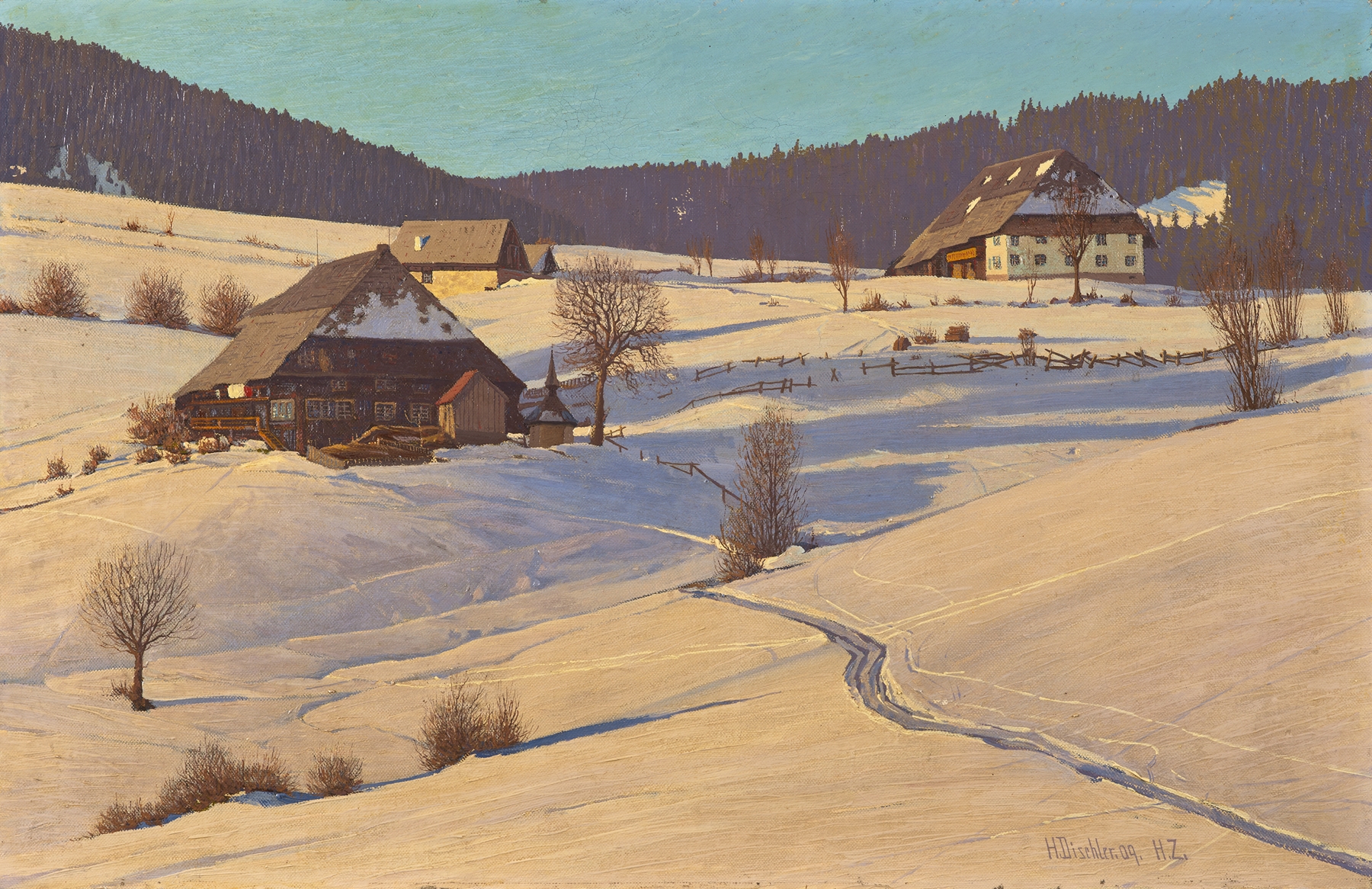 Winter in the Black Forest, oil on canvas by Hermann Dischler, featuring snow-covered trees and a blue sky.