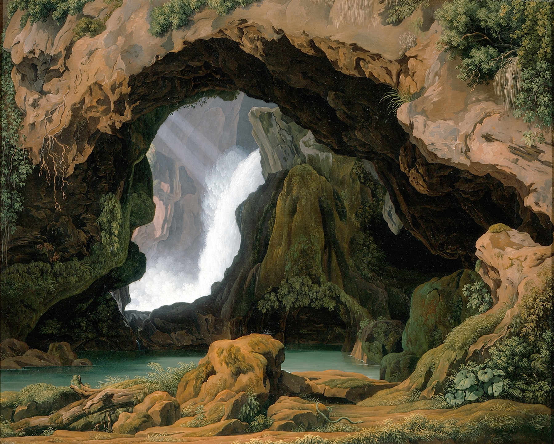 The Grotto of Neptune in Tivoli, oil painting by Johann Martin von Rohden, depicting a lush landscape with a waterfall.