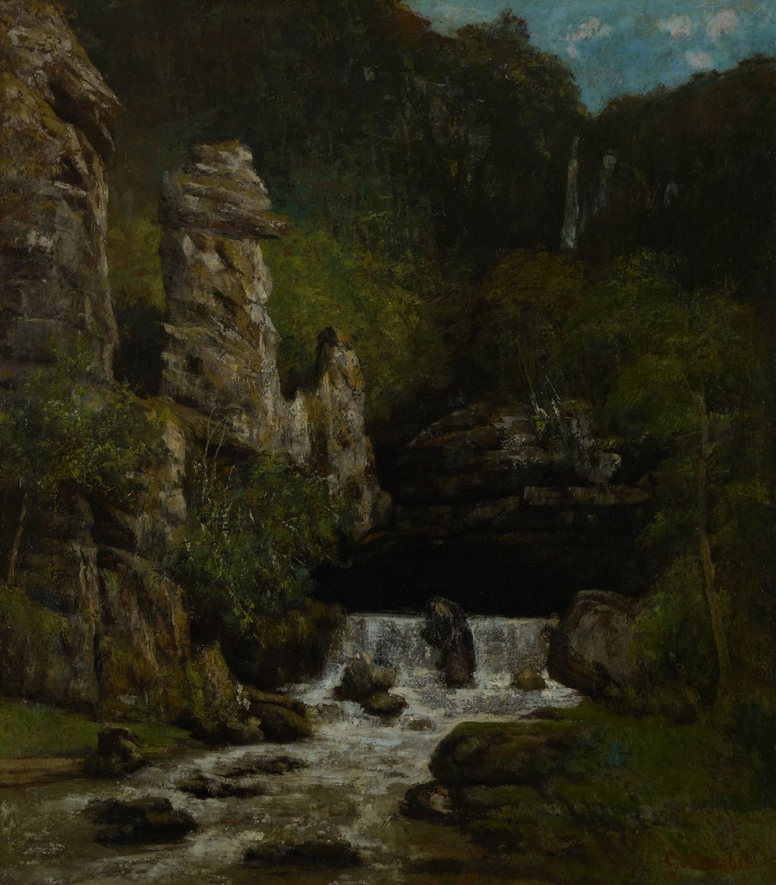 Landscape with a Waterfall, by Gustave Courbet, public domain