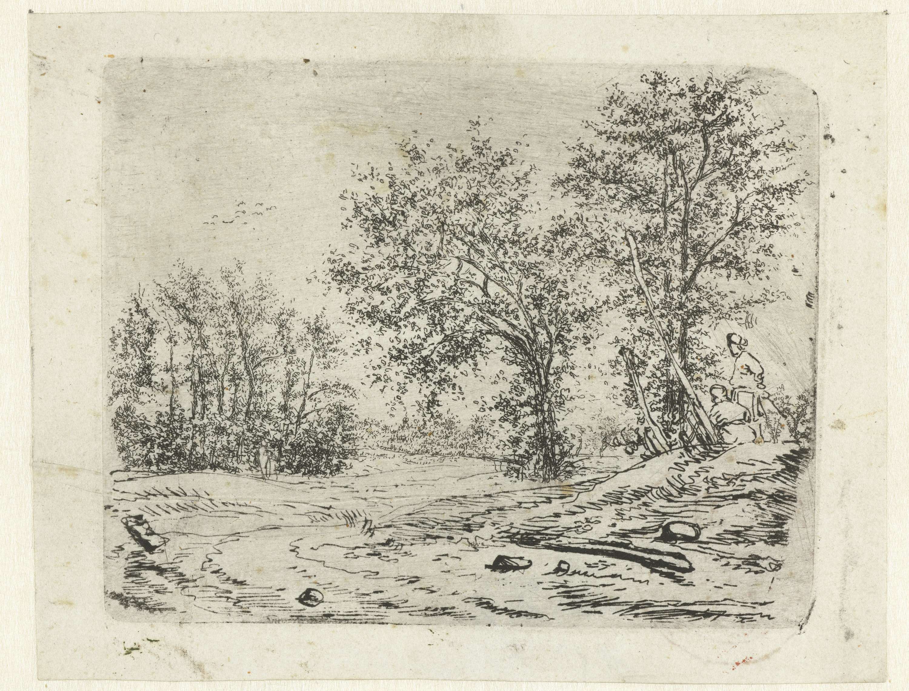 Etching by Claes van Beresteyn showing two men observing a nude woman in a landscape.