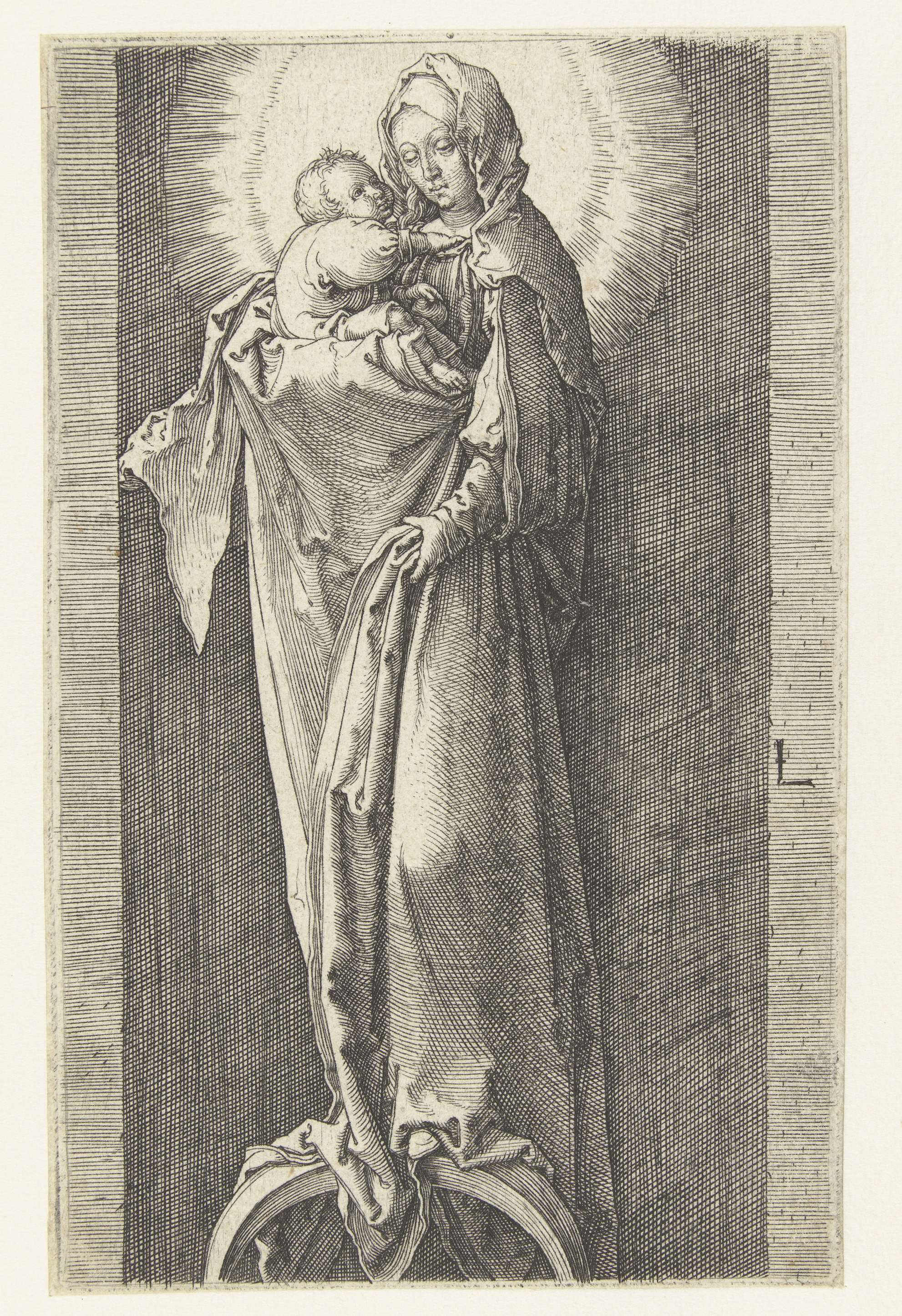 Engraving by Lucas van Leyden of Mary cradling child with light and halo