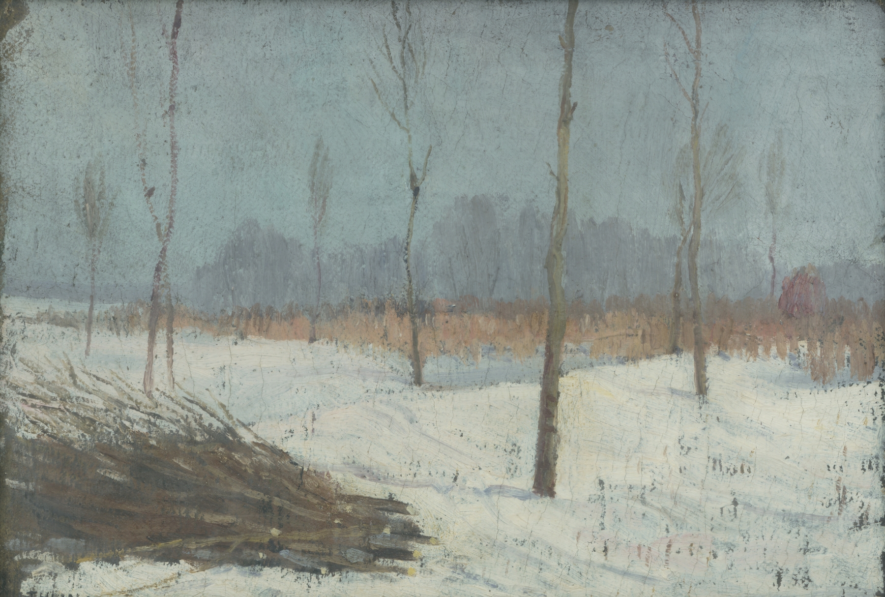Winter landscape with snow in soft blue hues, oil painting by Ján Thain