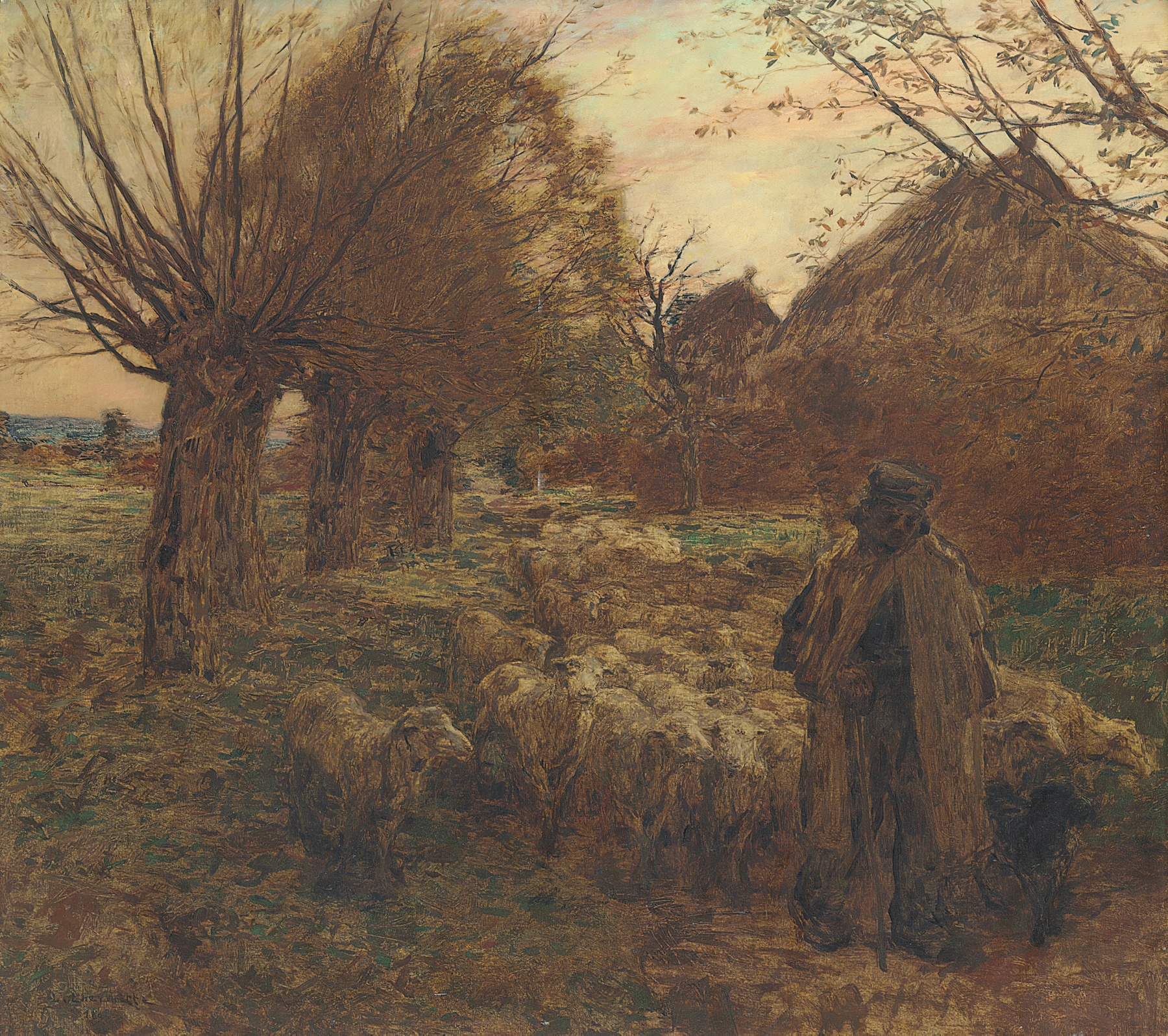Oil painting by Léon Augustin Lhermitte depicting a shepherd with a lamb in nature.