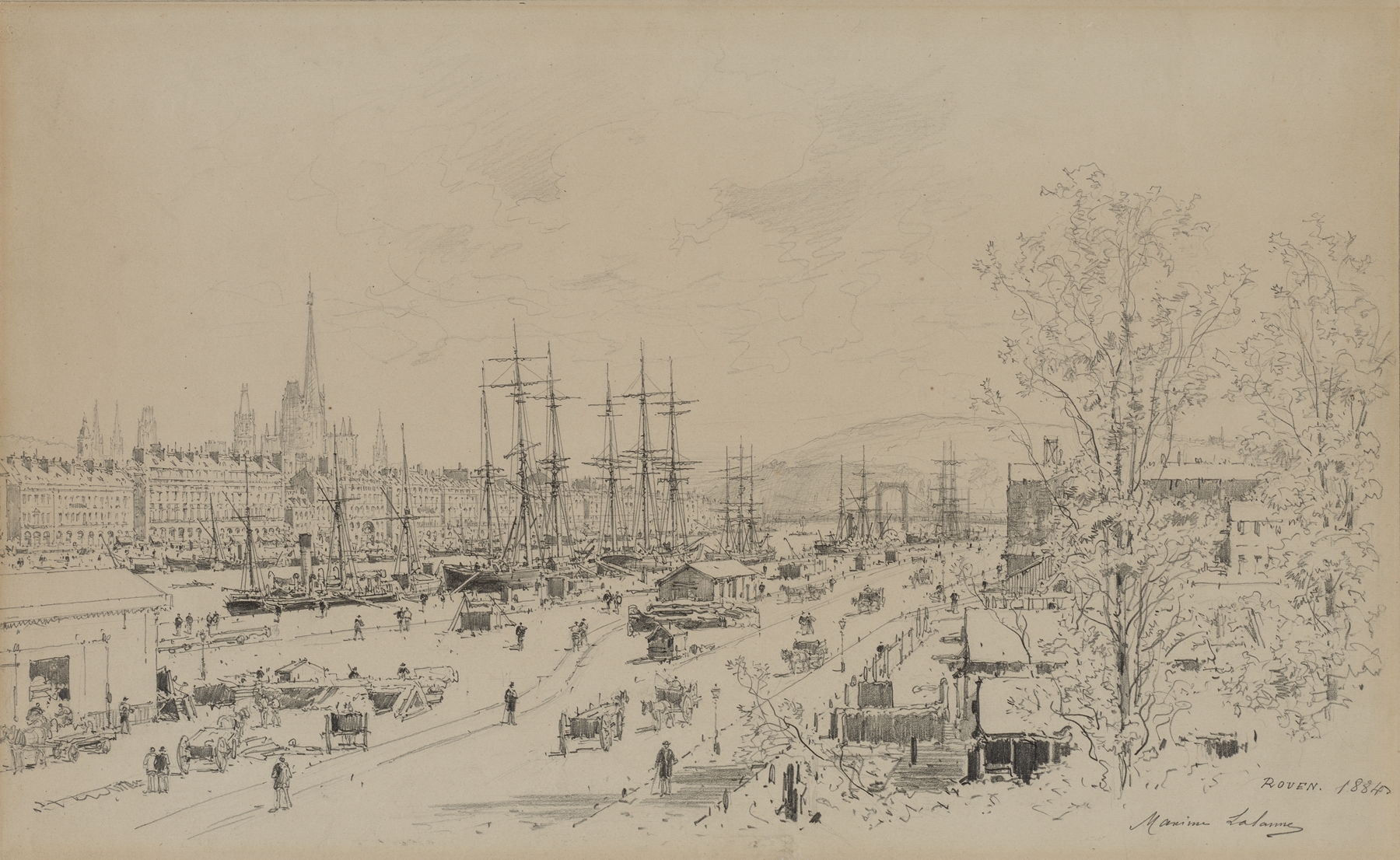 Engraving by Maxime Lalanne depicting Port of Rouen with boats and reflections on water.