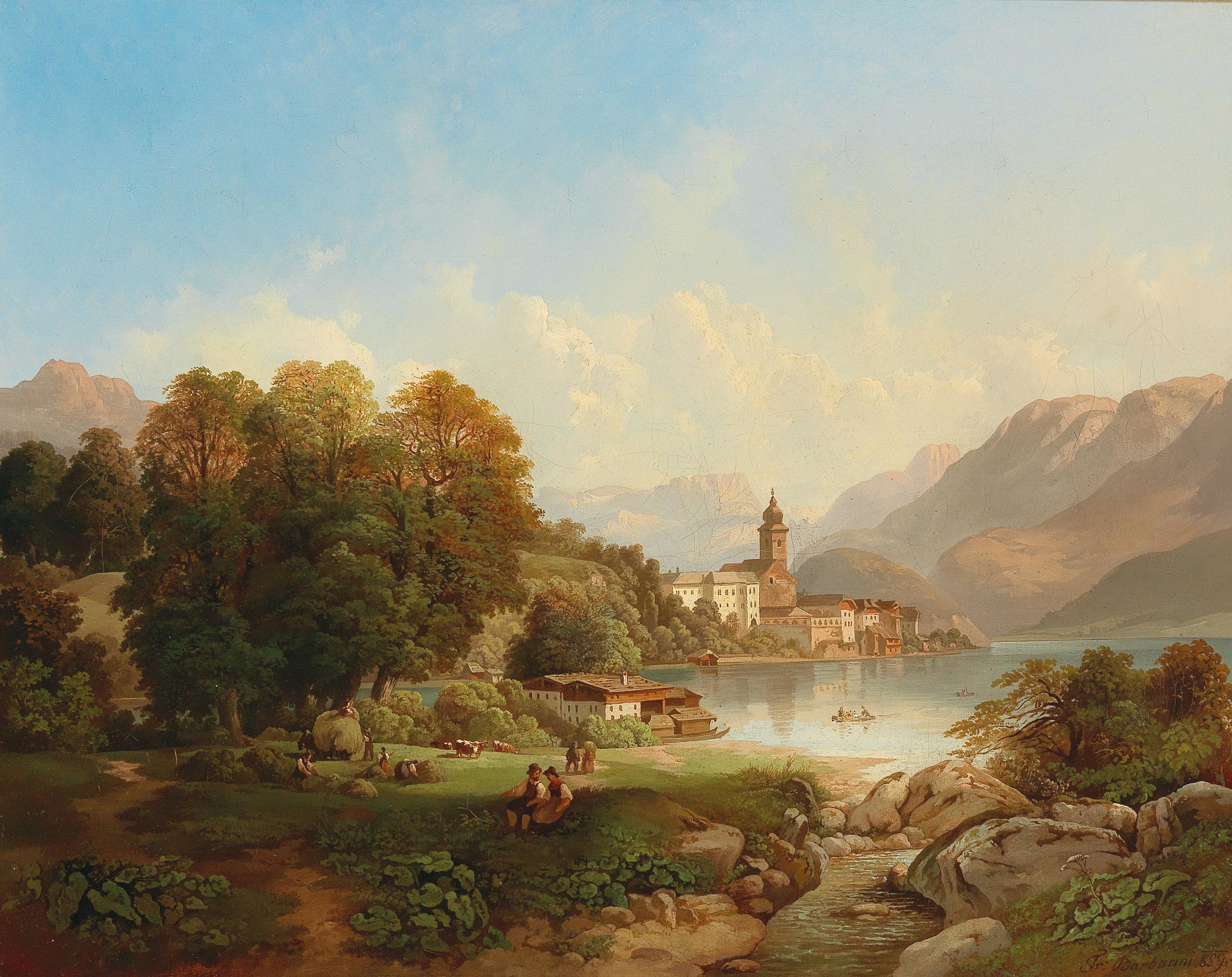 Landscape of a serene lake with sunlight reflections, oil painting by Franz Barbarini