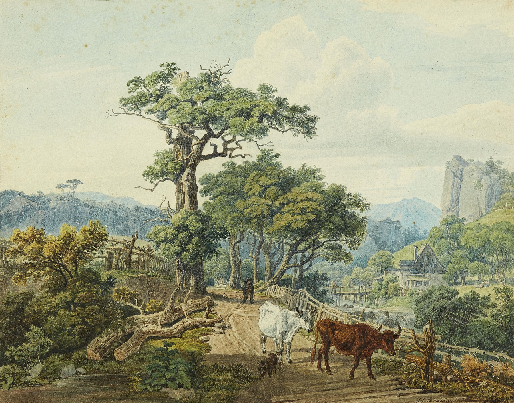 Pastoral landscape with cows and figures, oil on canvas by Johann Christoph Erhard