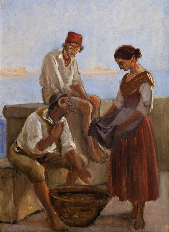 A young girl interacts with two fishermen in this engaging scene.