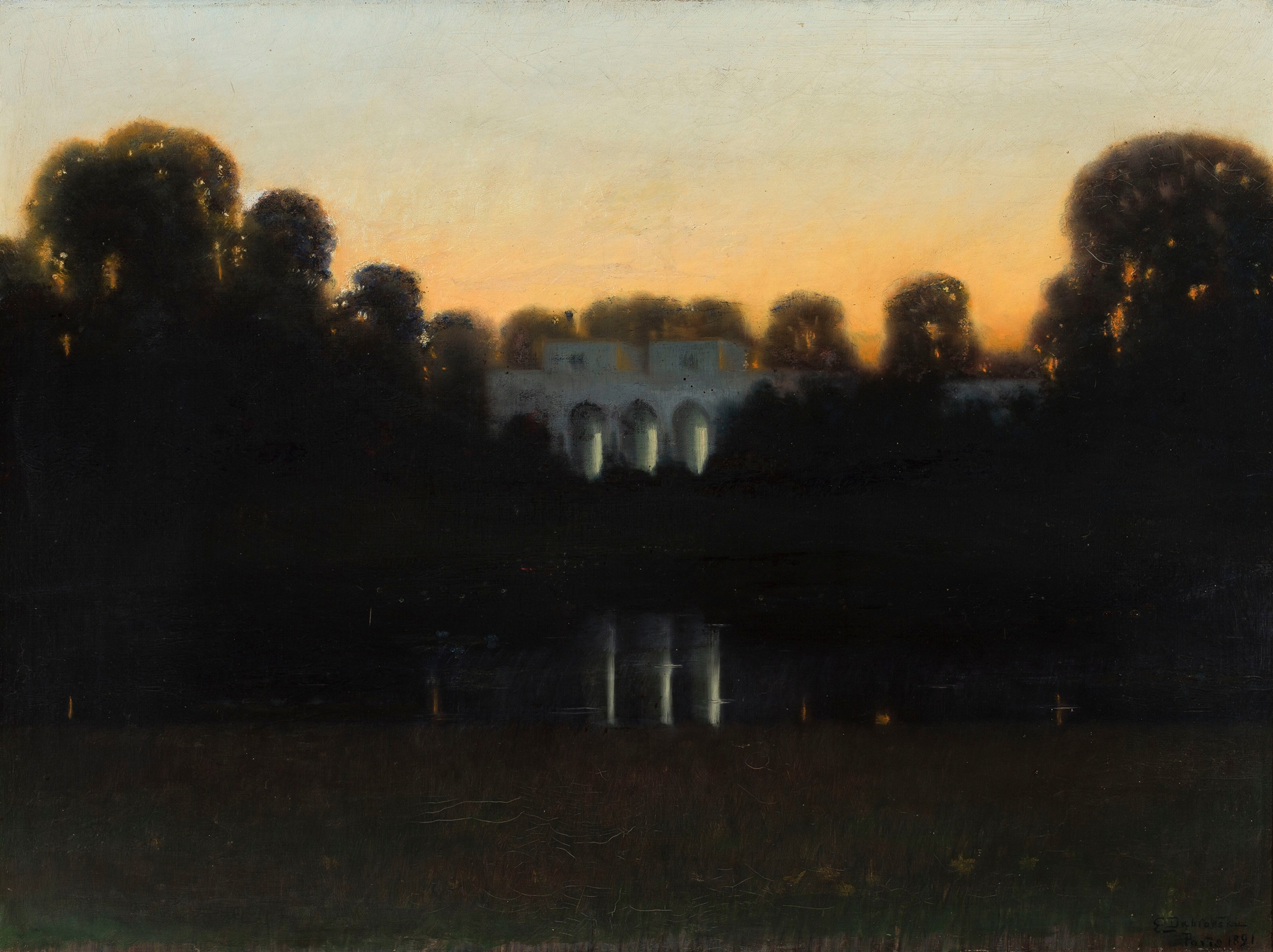 Landscape at sunset by Eugeniusz Ludwik Dąbrowa-Dąbrowski, oil on canvas depicting rolling hills and a colorful sky.