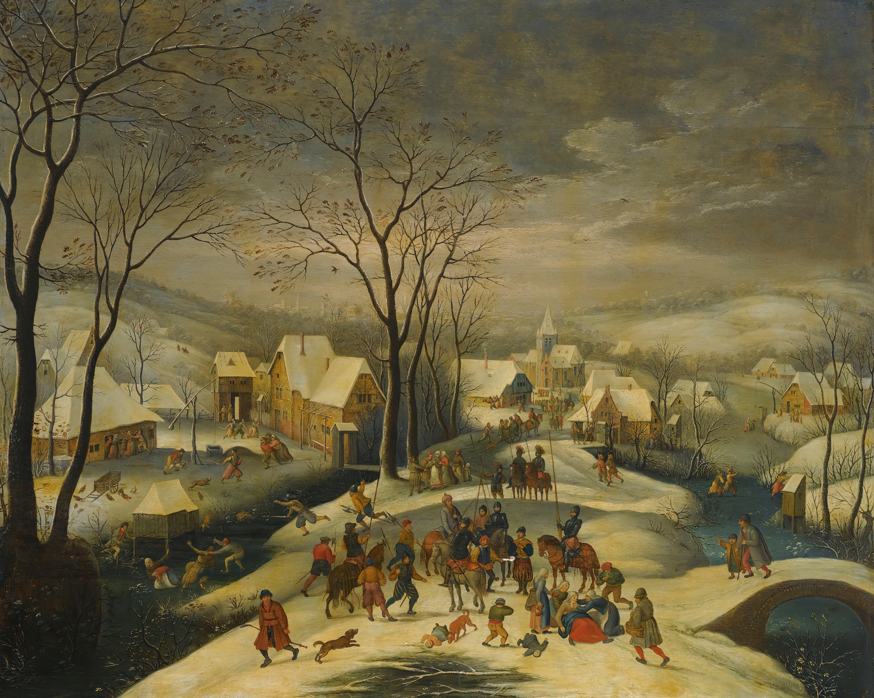 The Massacre Of The Innocents by Jacob Grimmer, oil on canvas depicting anguished figures in chaos.