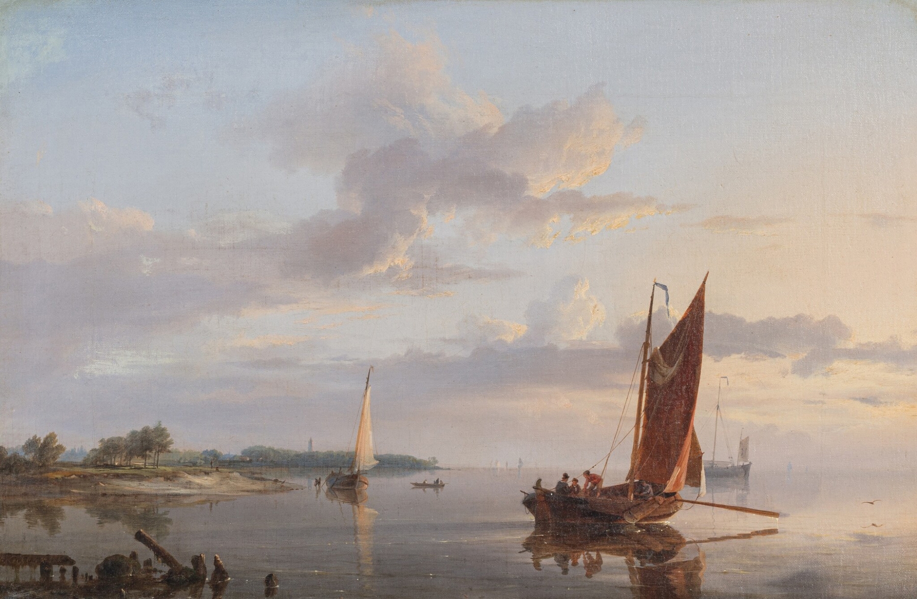 Fishing in Calm Waters by Hermanus Koekkoek, oil painting of a fishing boat on a serene lake.
