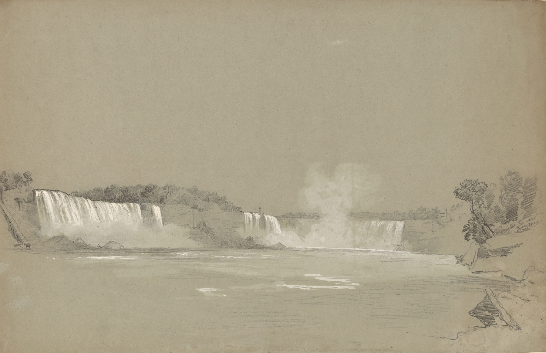 Niagara Falls oil painting by Régis François Gignoux depicting cascading water and rugged cliffs