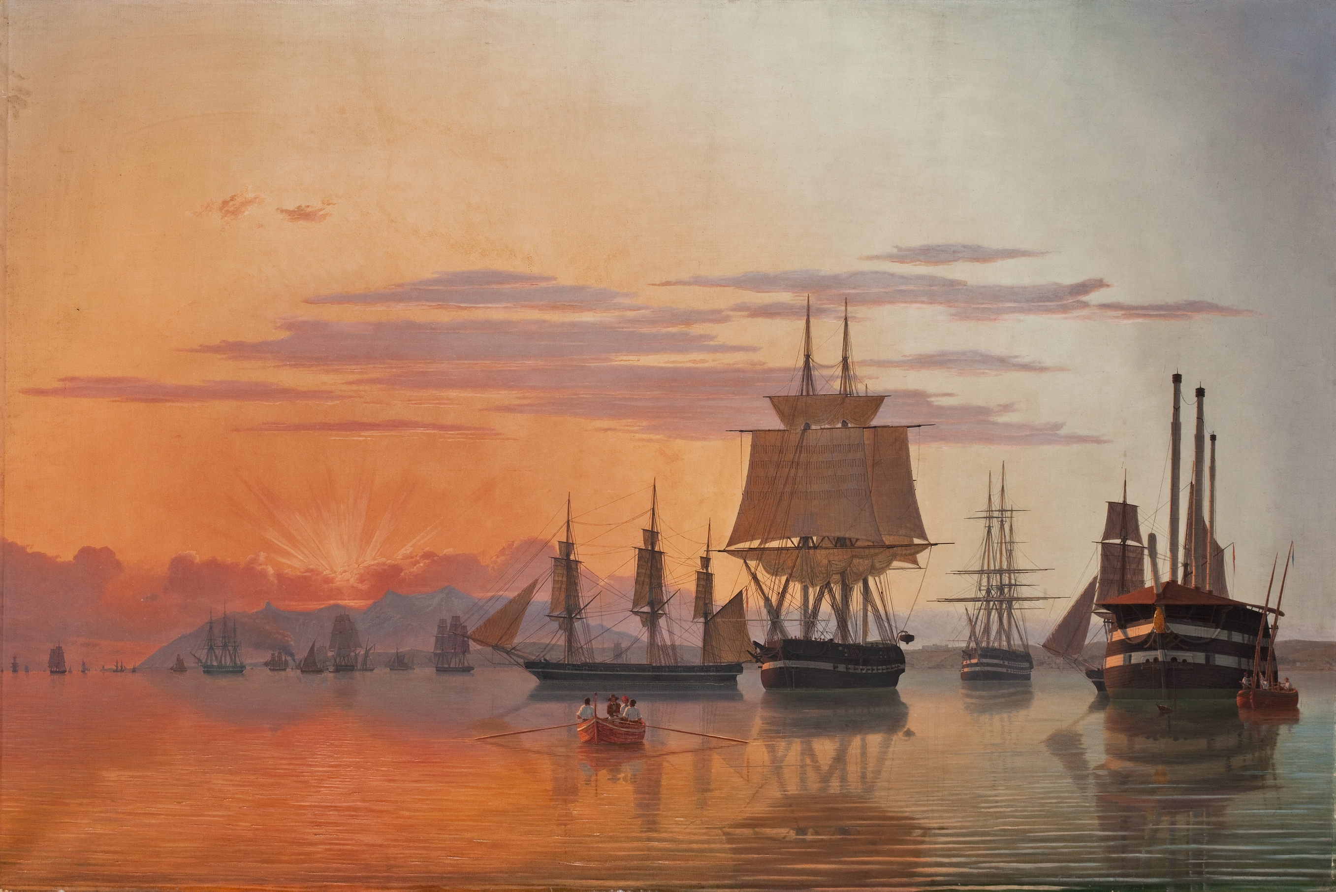 Marine scene with two ships on the river Tagus, oil painting by Carl Dahl