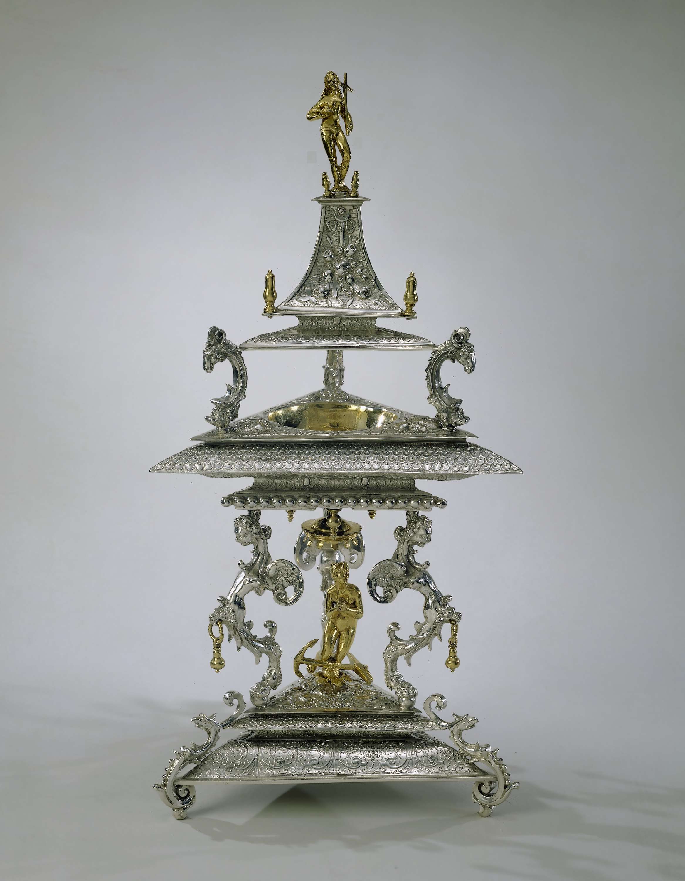 Silver salt-cellar from 1618 featuring a nude woman and female figure, unknown artist