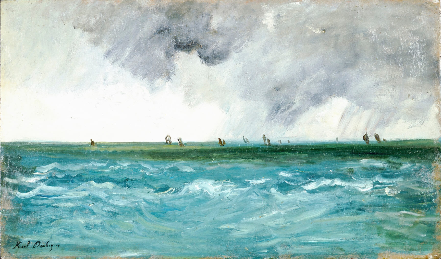Seascape by Karl Daubigny, oil painting depicting ocean waves and a pastel sky