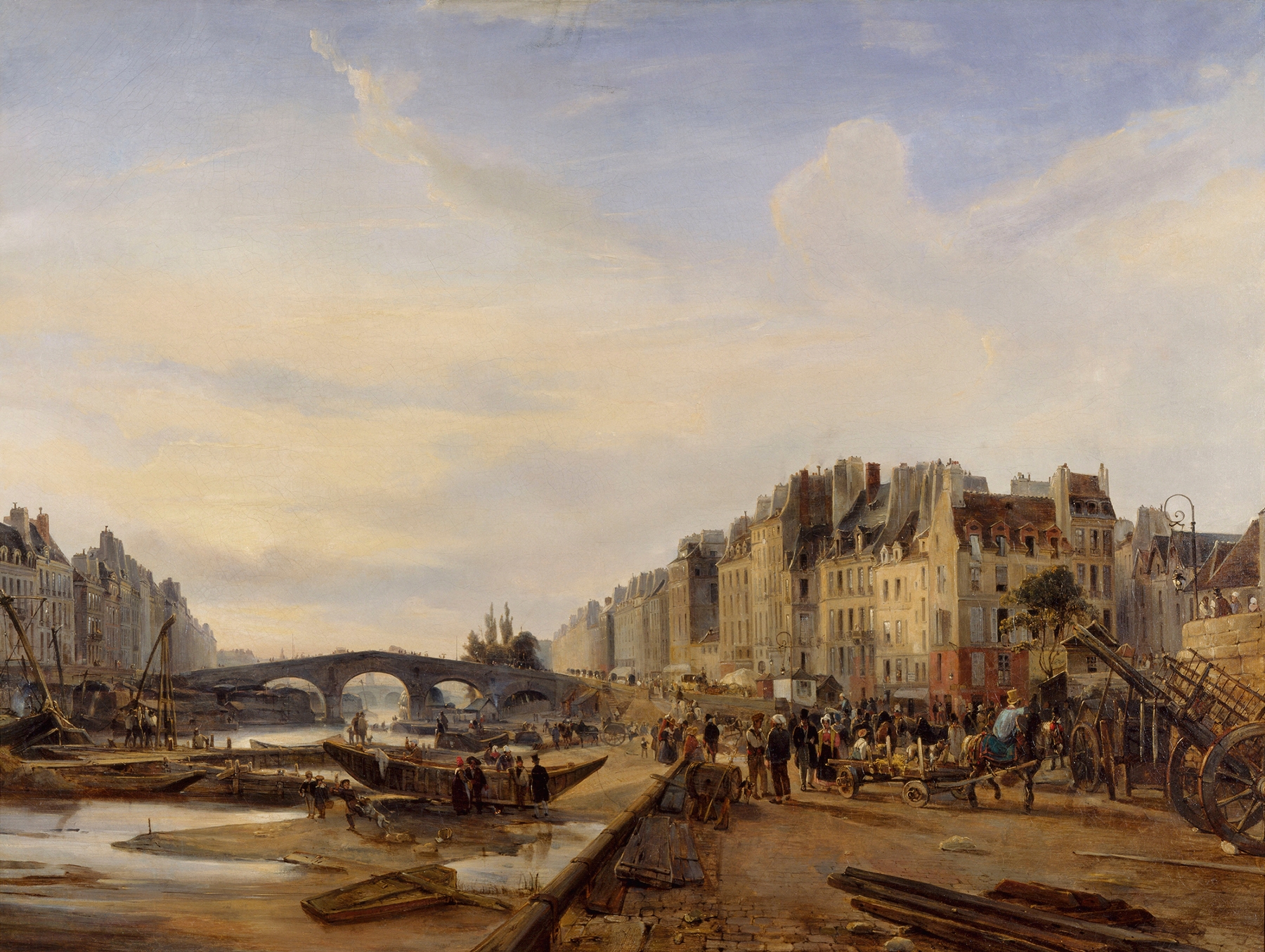 Landscape oil painting by Charles-Louis Mozin depicting the Seine with trees and reflections.