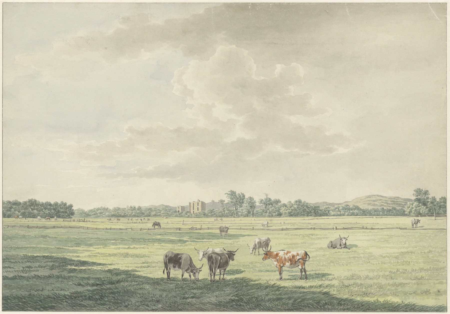 Landscape with cows and ruins, oil on canvas by Wybrand Hendriks